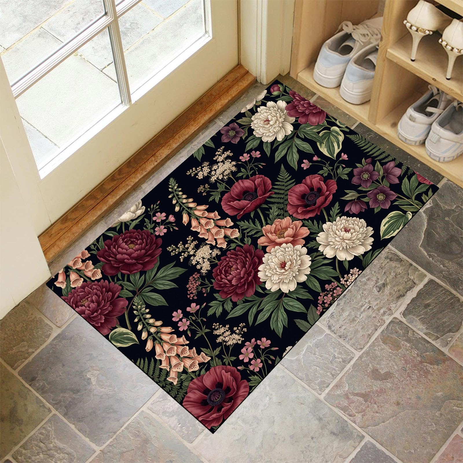 Zerbino Ingresso Interno Floreale Gotico Retrò, Zerbino Di Benvenuto Lavabile Morbida Peonia Misteriosa Papavero, Antiscivolo Tappeto Da Decorazioni Rosso Scuro Per Casa Porta, 60X90Cm