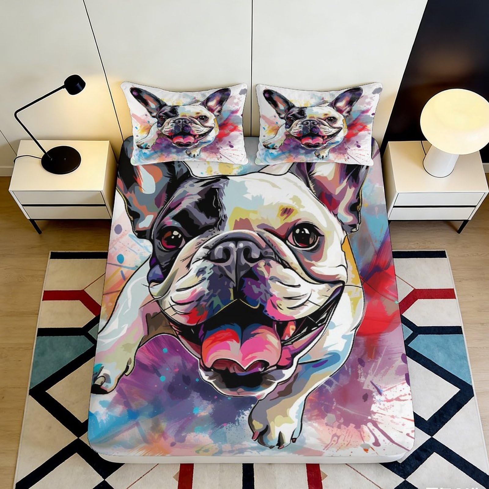 3D Printed French Bulldog Fitted Sheet Microfiber Colour Splash Bed Cover for Bedroom Guest Room Decor Easy Care 90x200x25cm