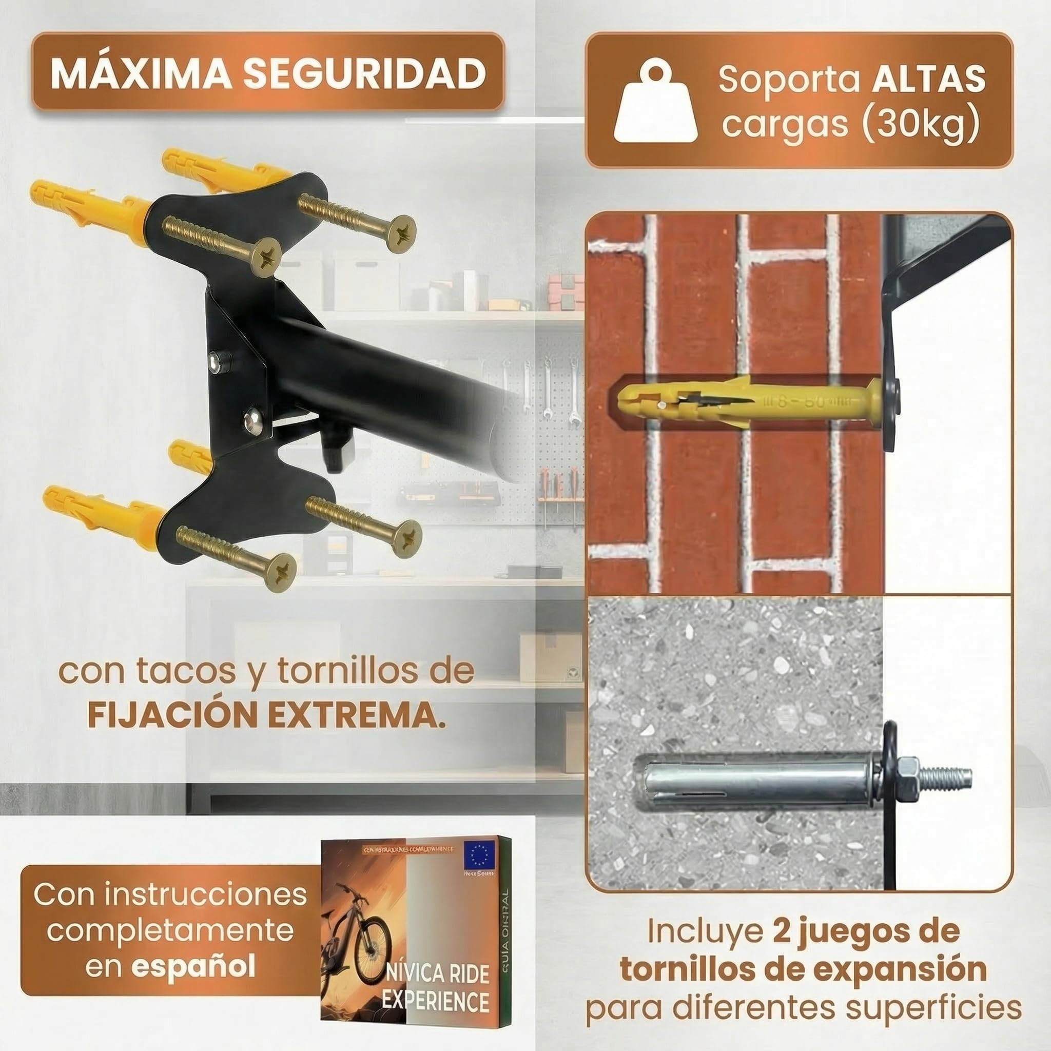 Soporte Bicicletas Pared, Soporte de Pared Para Bicicletas, Plegable, Ángulo y Distancia Ajustable, Extra Acolchado, Gancho para Casco y Calas, Con Kit Limpieza Bici y Guía Digital Montaje Rápido — view 2