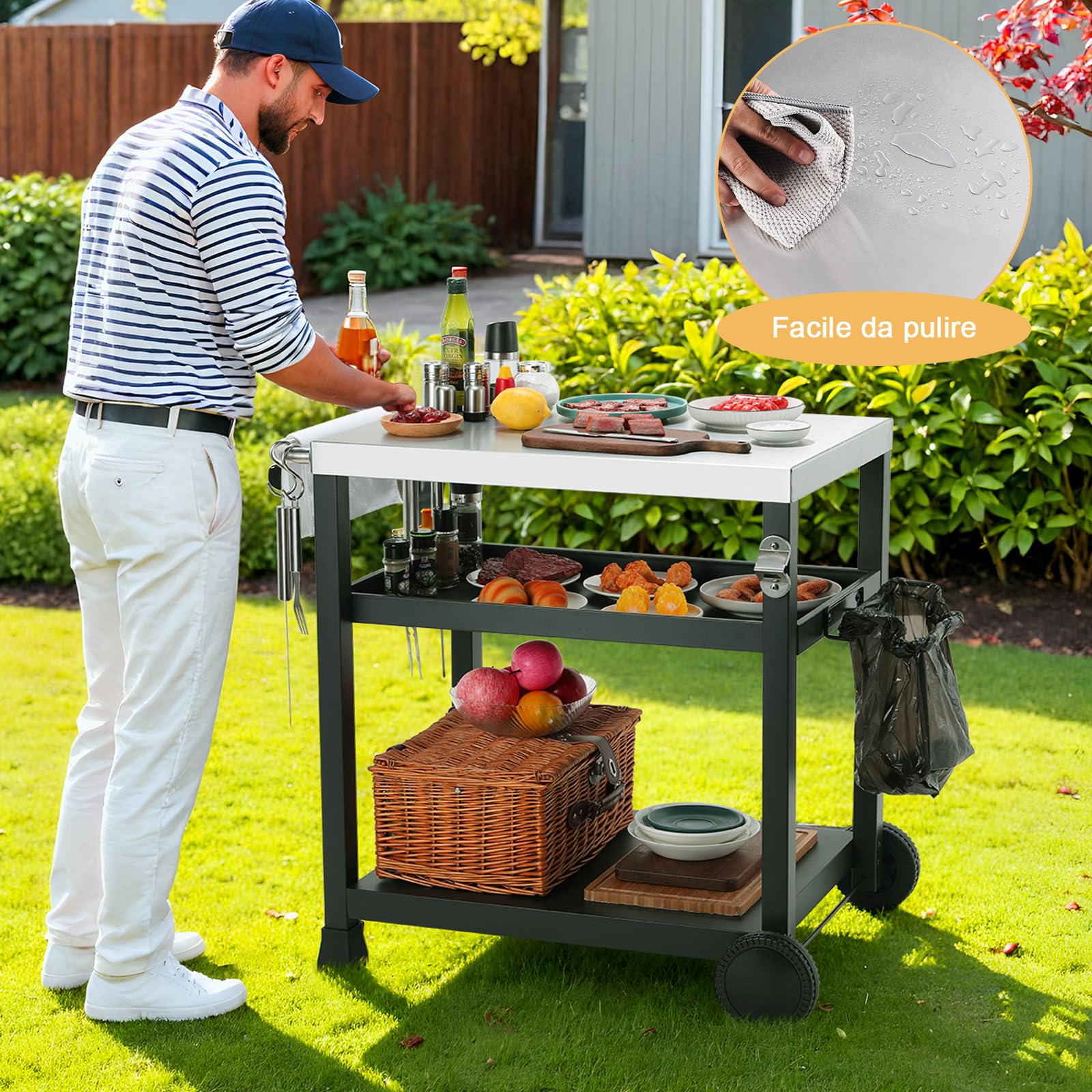 LIFERUN Acciaio Inox Carrello Barbecue 3 Ripiani, Tavolo BBQ Cucina Esterna | Carrello Cucina Esterna con 2 Ruote Ganci, Carrello di Servizio Cucina Esterni da Multiuso, per Casa Cortile Patio e Giardino