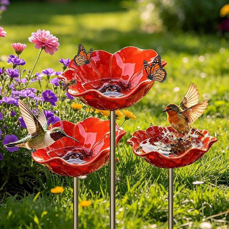 Banheira para Pássaros de Metal com Estacas Decorativas para Jardim PYSUG, Pacote com 3