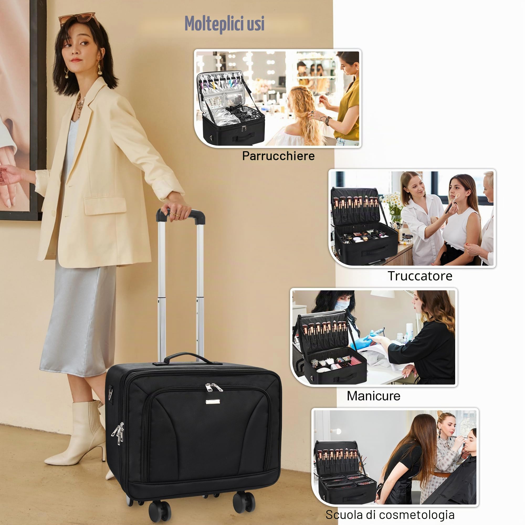 Relavel - Valigetta extra grande da 17,7" per cosmetici con trolley - Valigetta professionale da viaggio per trucco, bellezza, borsa portaoggetti portatile, organizer per cosmetici, donna, scatola per
