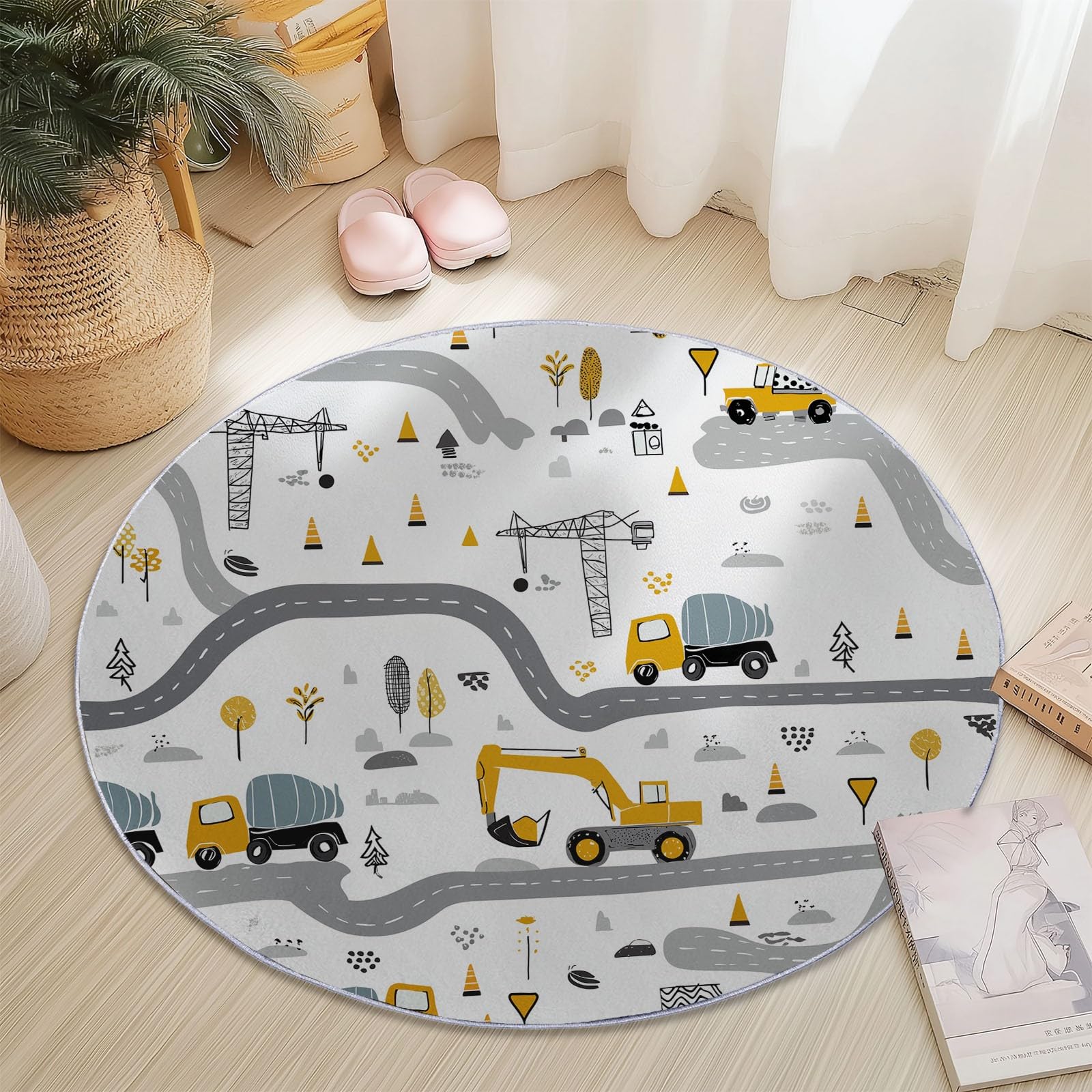 Tappeto rotondo in flanella100 cm, Morbido Cartone animato Veicoli da costruzione Strada Tappetini Antiscivolo Tappeto per Bambini Cameretta Cucina Casa Zona Balcone Tappet Tavolino Colorato
