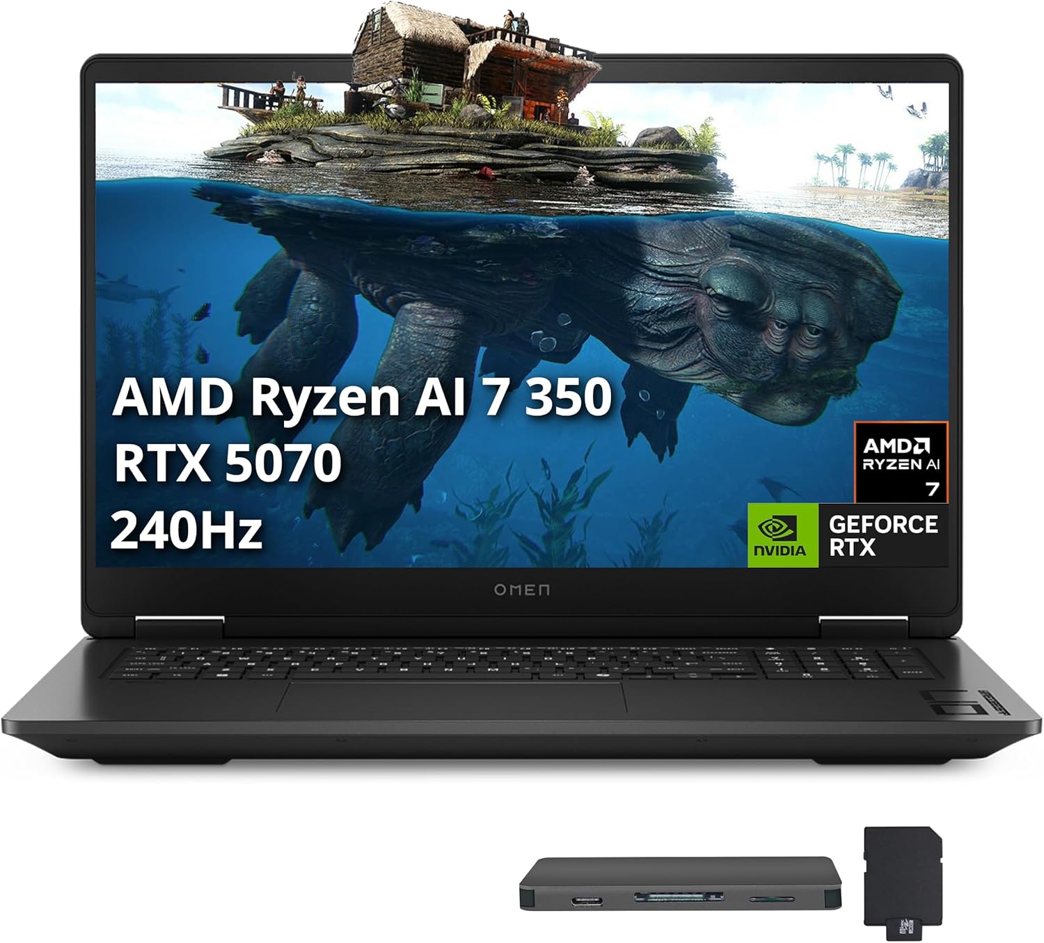 HP Omen 17.3" QHD Gaming Laptop, AMD Ryzen AI 7 350, 32GB DDR5, 2TB Storage(1TB SSD+1TB Docking Station Set), NVIDIA GeForce RTX 5070 8 GB GDDR7, RGB Backlit Keyboard, Win11 pro, Black