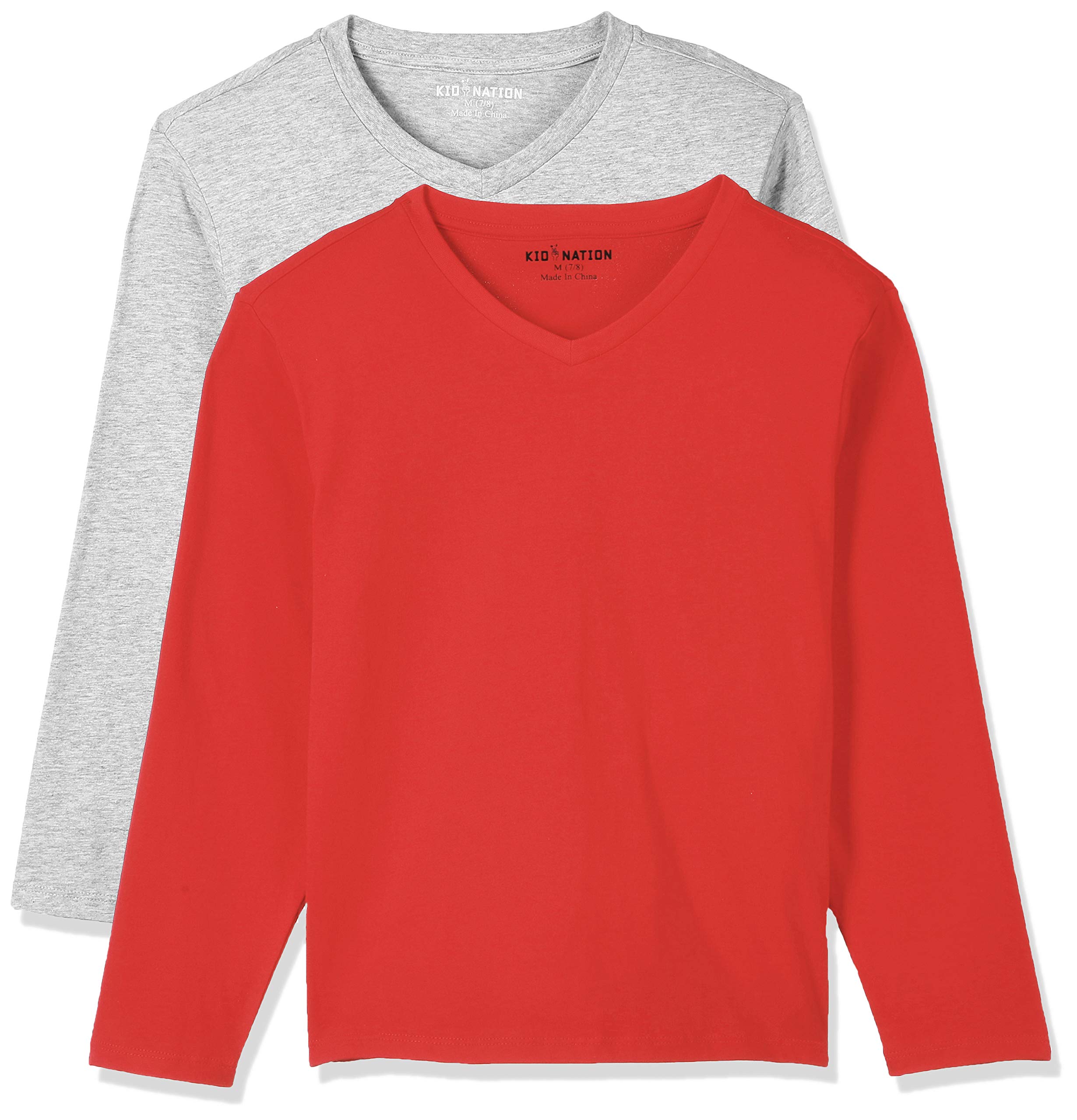 Kid NationKids Unisex 2 Packs Soft Cotton Tagless Long Sleeve V Neck T Shirts for Boys and Girls 4-12 Years