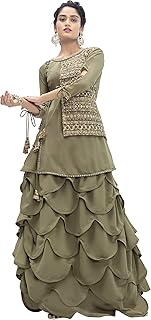 Hoyendiafad Women's Faux Georgette Semi Stitched Top With Stitched Faux Georgette Bottom Embroidered Flared Top Dress Mate...