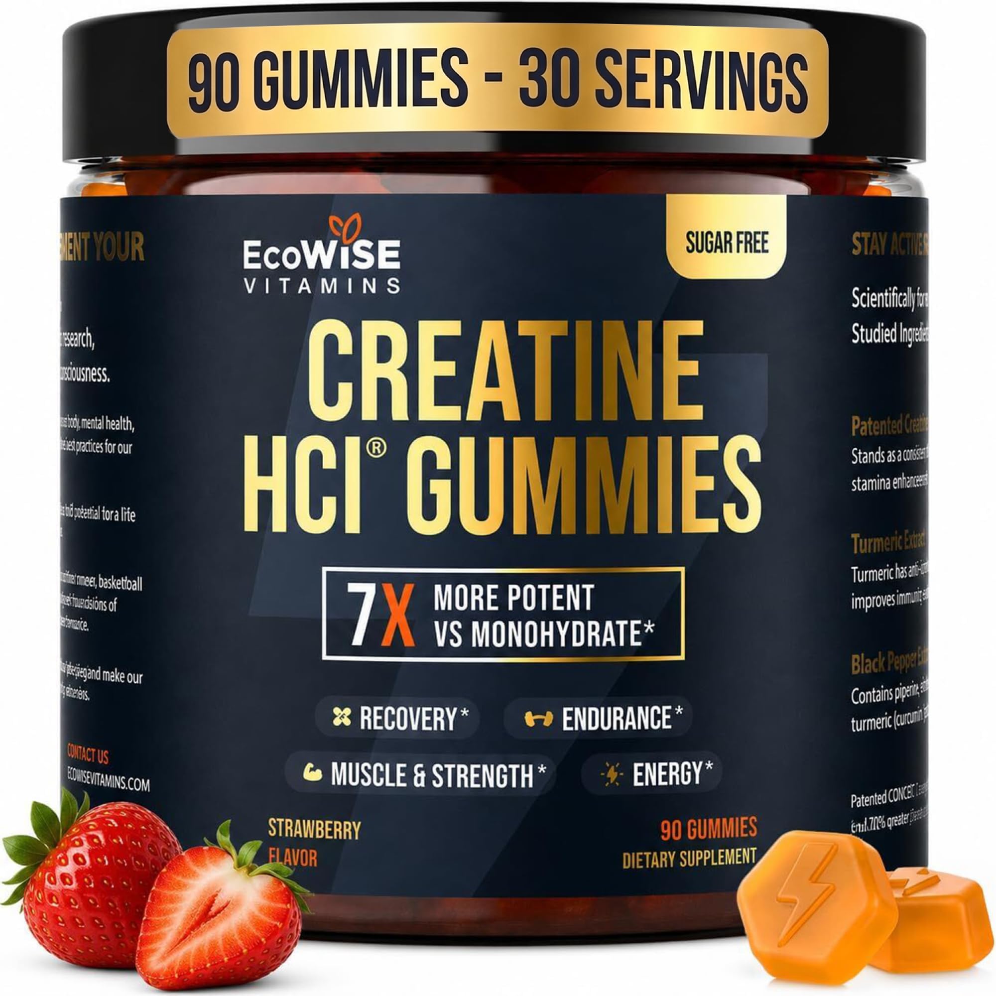 Creatine HCl Gummies with Turmeric & Black Pepper Extract, Sugar Free, Vegan Daily Creatine Gummies for Active Lifestyles, Strawberry Flavor, 90 Gummies
