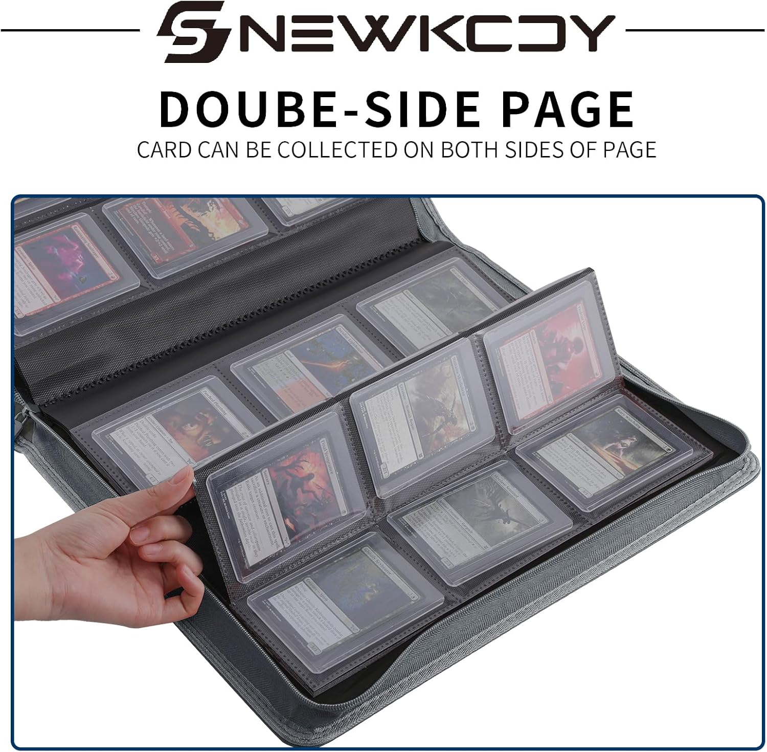 Snekdy Top loader Binder, 9 Pockets Top Loader，Holds 360 Top Loaders cards, Card binder with Sleeves for card in 3 x 4 inches color smooth Zipper PU Leather (Light Grey)