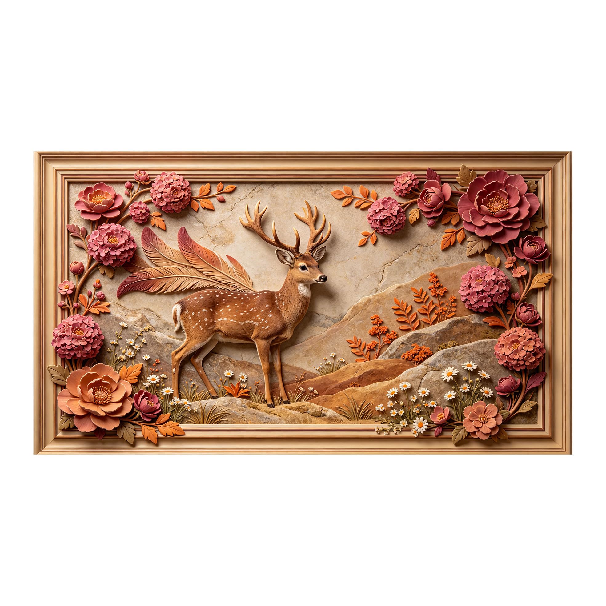Yzpallescene 3D 3D Framed Wall Art 50cm×90cm Deer Forest Floral Landscape Relief Effect Large Size SelfAdhesive Removable Wall Decor Prints Artwork for Living Room Bedroom Office