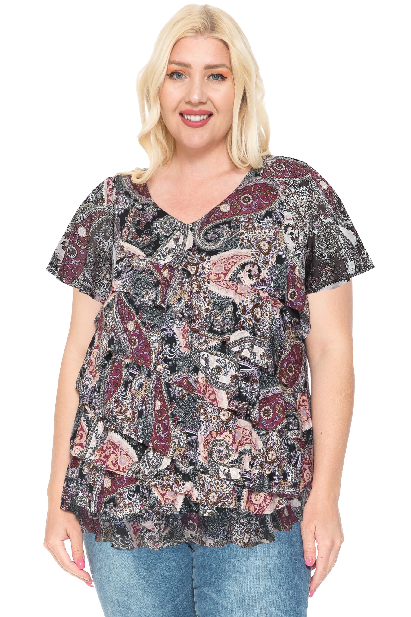 LEEBE Women and Plus Size Printed Mesh Ruffle Top (Small-5X)