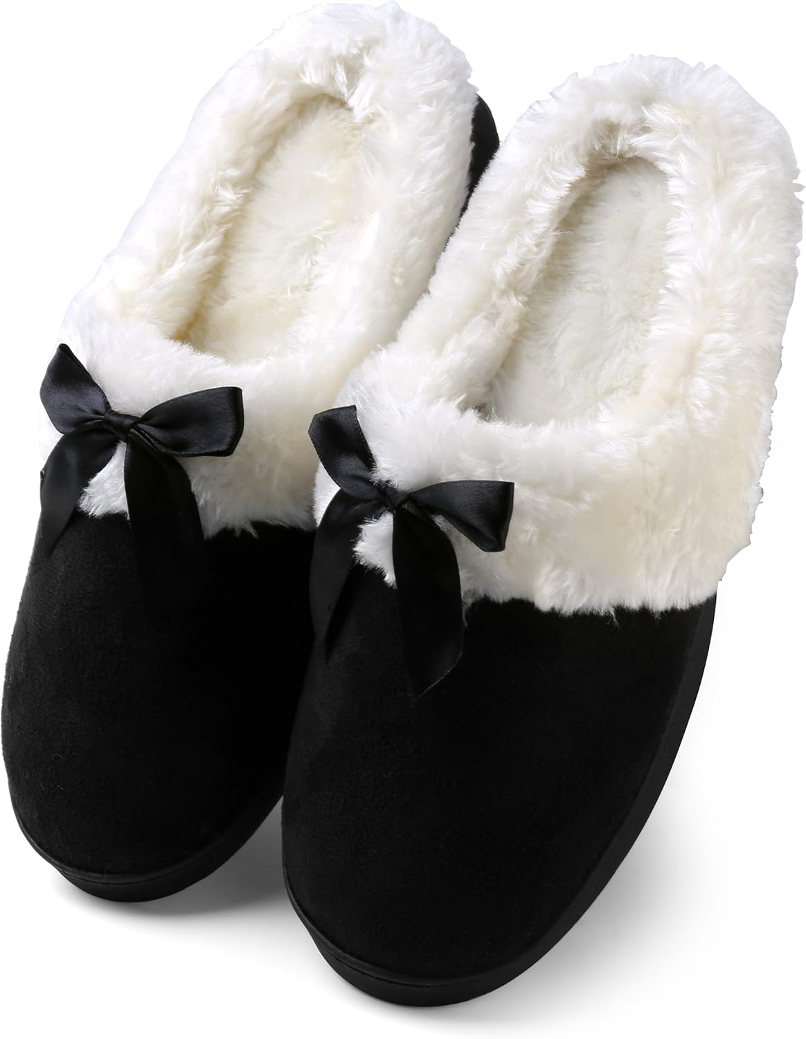 Aerusi Women's Suede Plush Bow Close Toe Memory Foam Indoor Slip On Clog Slipper Bedroom Indoor House Scuff Shoes (Size 9, Black)