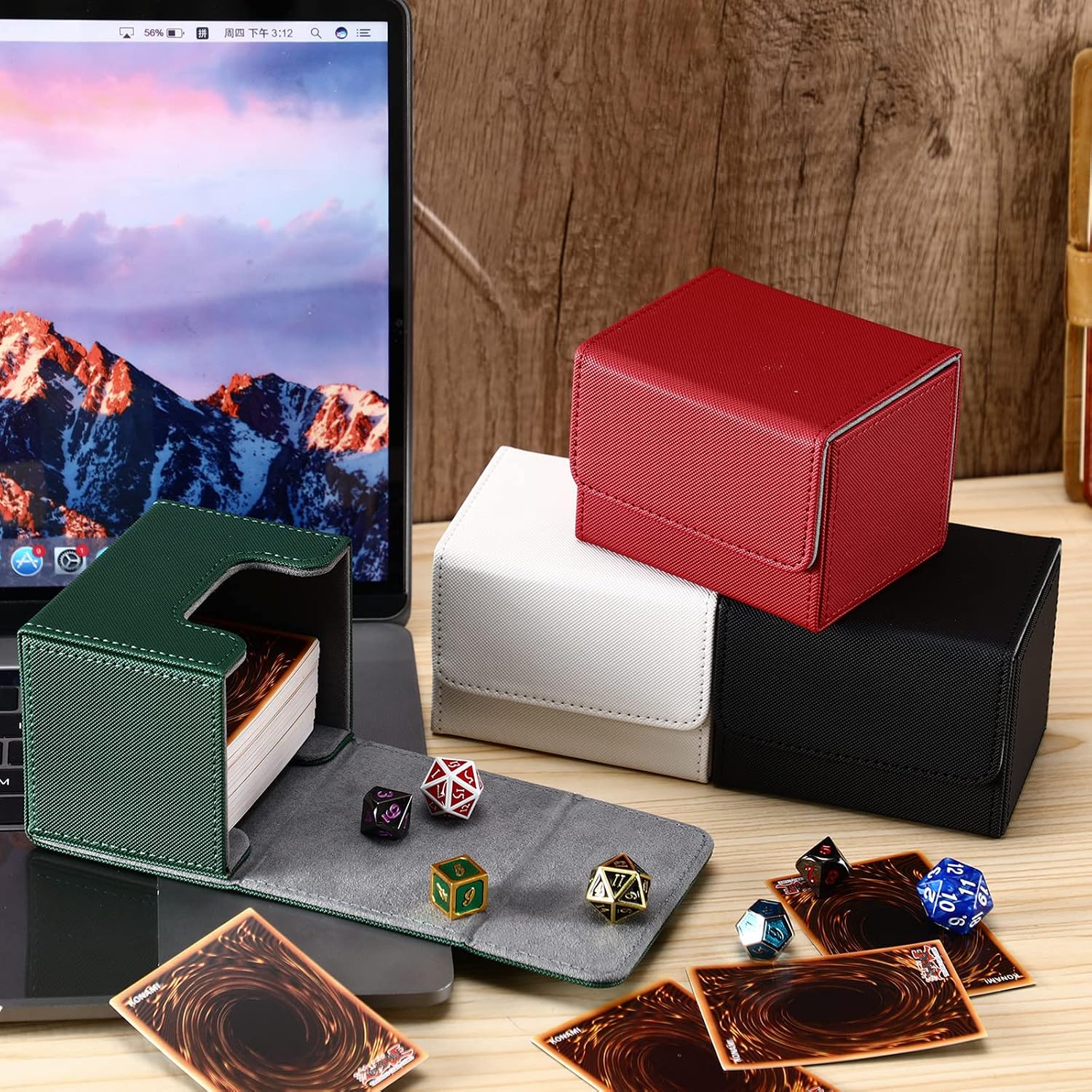 Yookeer 4 Pieces Leather Deck Card Boxes Cards Deck Game Box for Collectible Playing Card Box Compatible with MTG Commander Decks (Black, White, Red, Green, Horizontal)