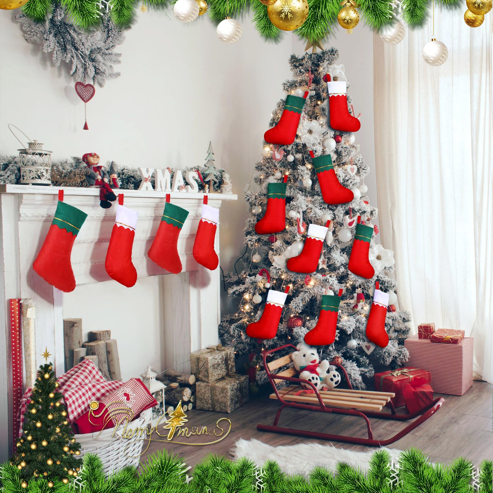 Sumind Lot de 100 chaussettes de Noël en feutre de 38,1 cm pour décoration de Noël (rouge avec bordure blanche, rouge avec bordure verte)