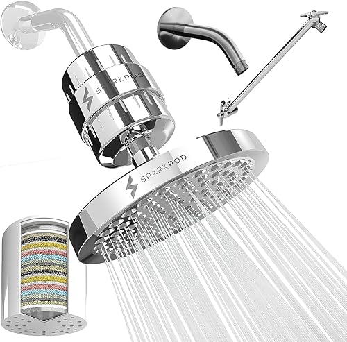 SparkPod Juego de cabezal de ducha filtrado de lujo, filtro de ducha de 23 etapas con brazo de ducha y extensión, elimina el cloro y los metales