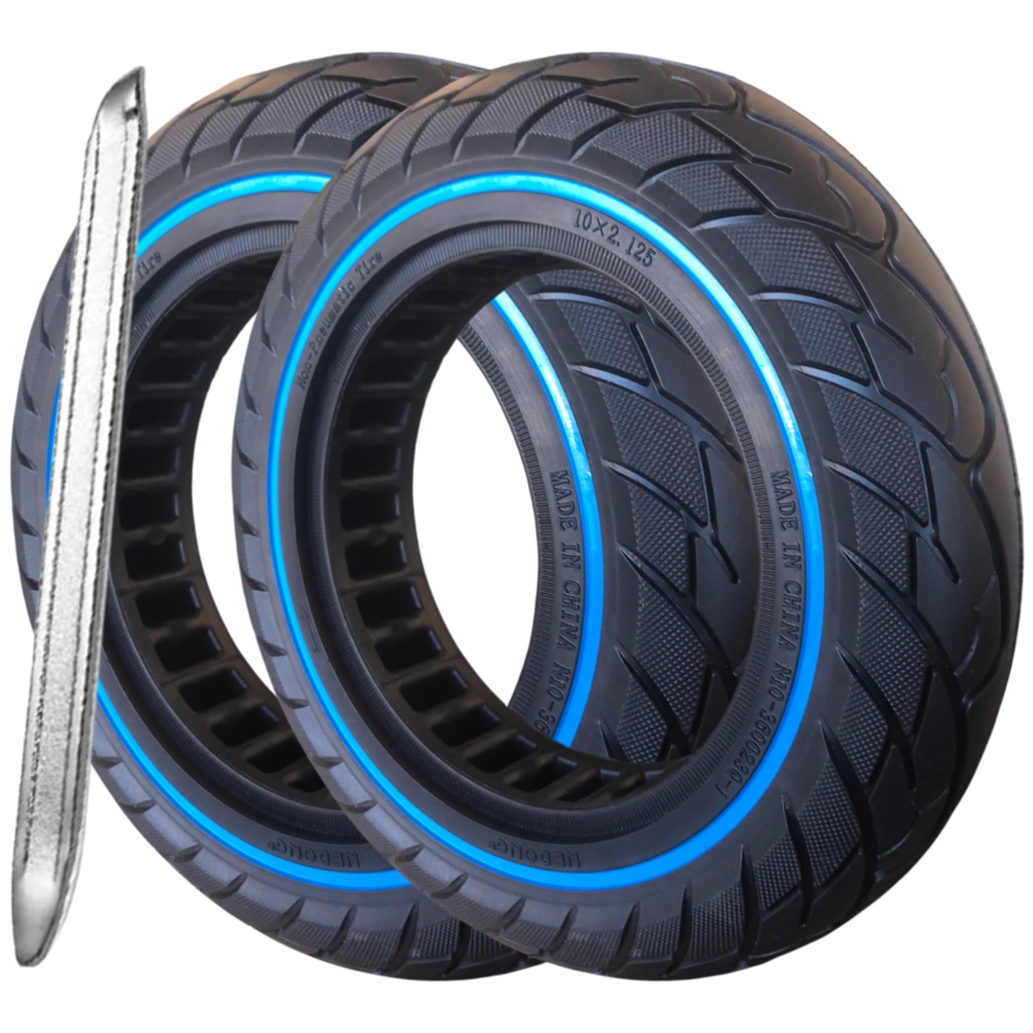 2 Ruote Piene 10x2.125 per Monopattino Elettrico – Gomma Piena Antiforatura Ammortizzata Anti Scivolo, Pneumatico Solido 10" Compatibile con Vivobike M-V30, Ninebot F40 (Blu 2pz+leva)