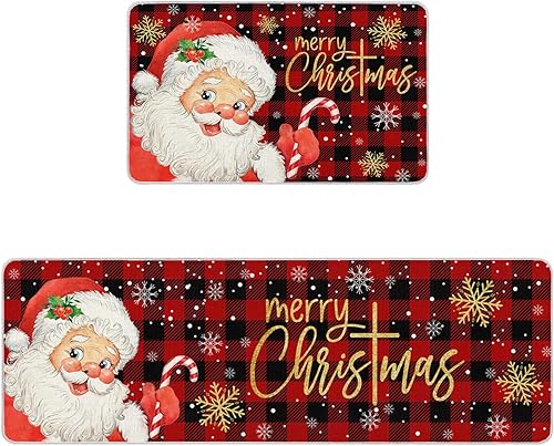 Miniatura 2 de Alfombrillas de cocina de Papá Noel para piso, 2 piezas, diseño de búfalo rojo y negro, antideslizantes, juego de alfombras de cocina lavables,
