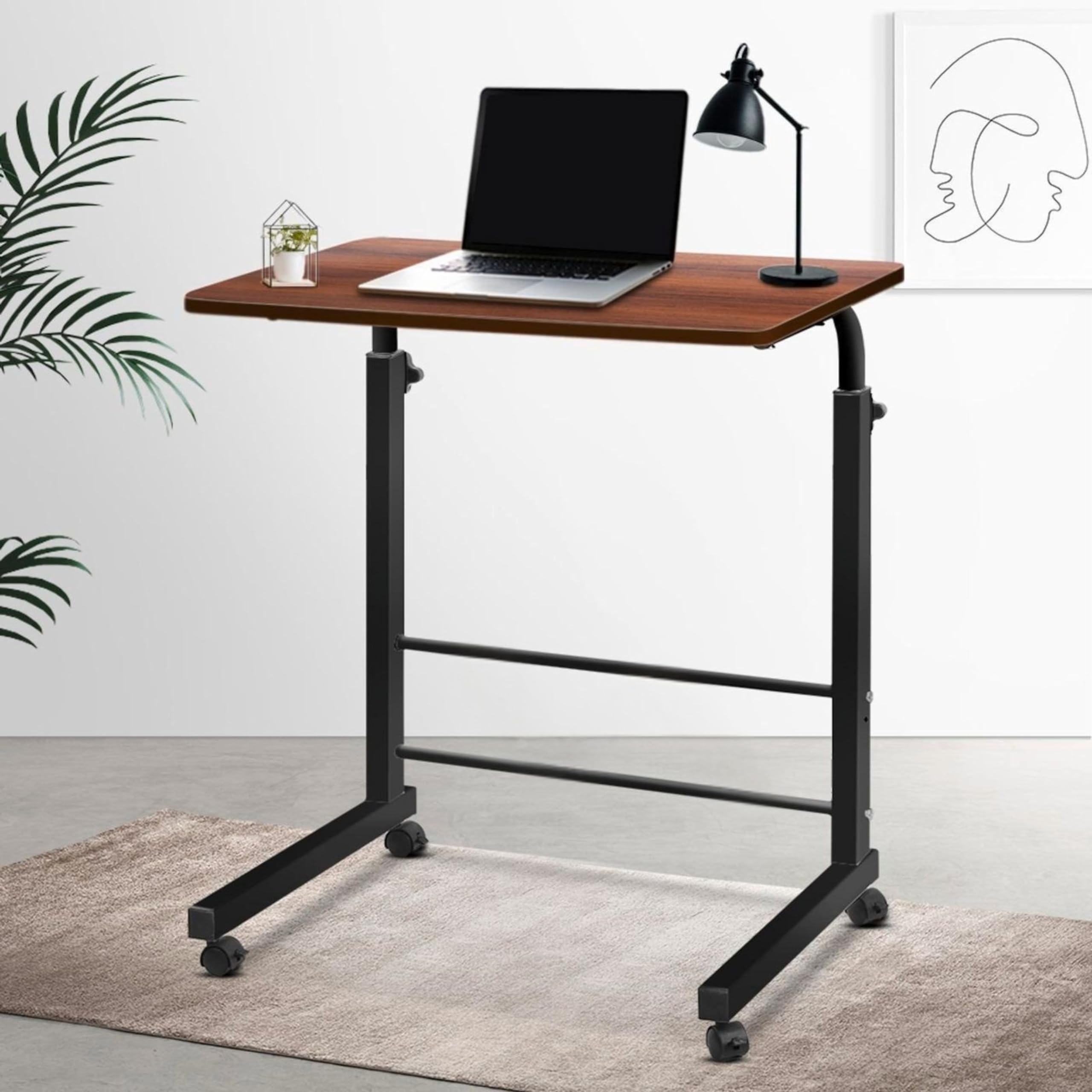 Multi-Purpose Laptop Table For Bed and Sofa - Height Adjustable Portable Study Table With Wheels, C-Shaped Side Table For Work From Home & Standing Desk For Home, Office (Wooden With Black Leg)