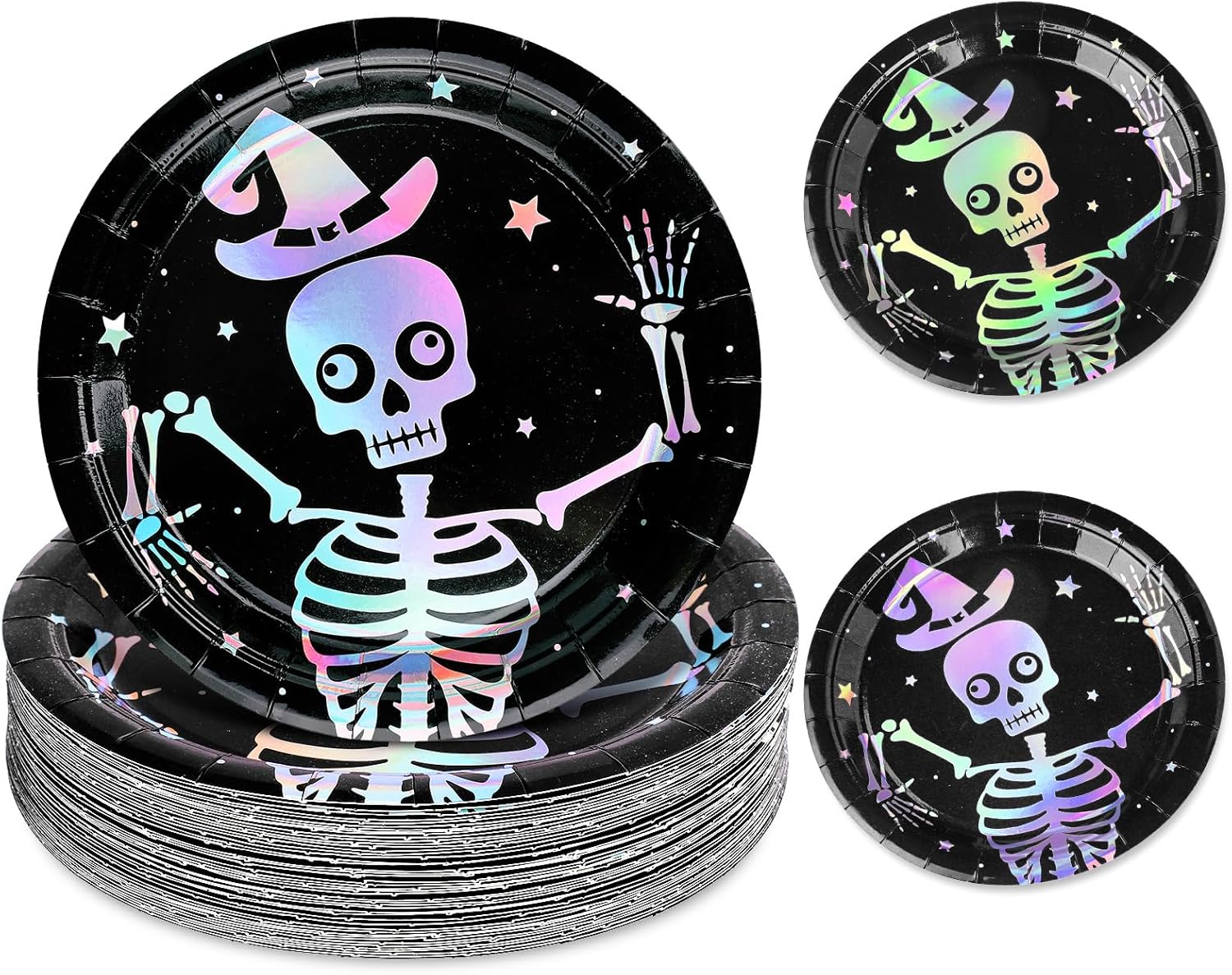 Whaline 50Pcs Iridescent Halloween Black Disposable Party Plates Silver Laser Ghost Paper Plates Color-Changing Holographic Dinner Plates for Spooky Kitchen Supplies, 9 Inch