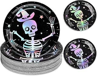 50Pcs Iridescent Halloween Disposable Party Plates Silver Laser Dancing Skeleton Paper Plate Color-Changing Holographic Dinner Plates for Spooky Kitchen Supplies, 9 Inch