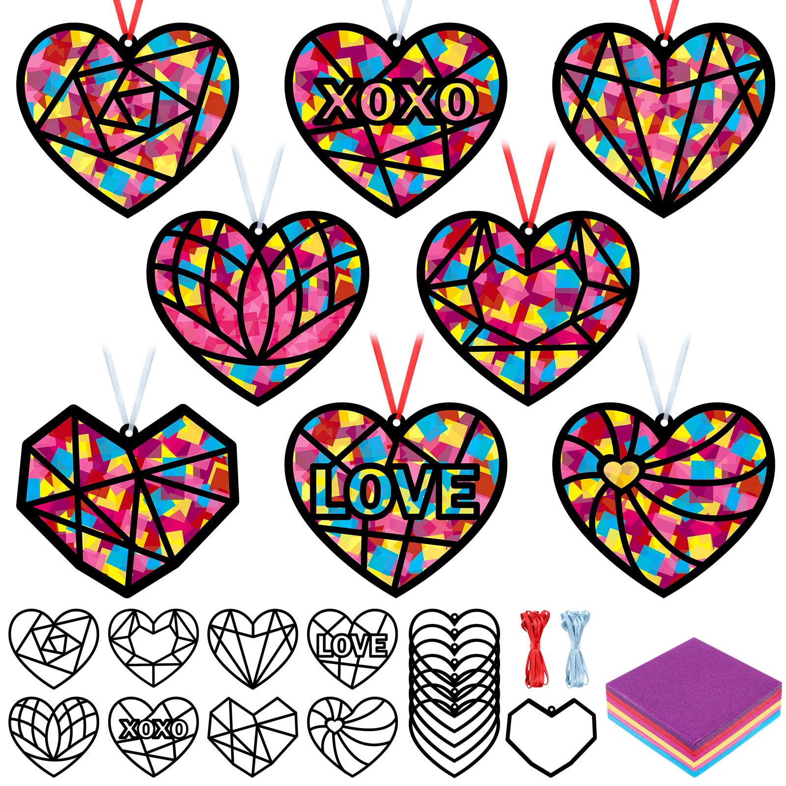 Tinlade 48 Set Valentine's Day Suncatchers Crafts Kit Valentines Heart DIY Window Stained Glass Tissue Paper Red Love Hanging Ornaments Make Your Own Suncatcher Summer Home School Classroom Activities