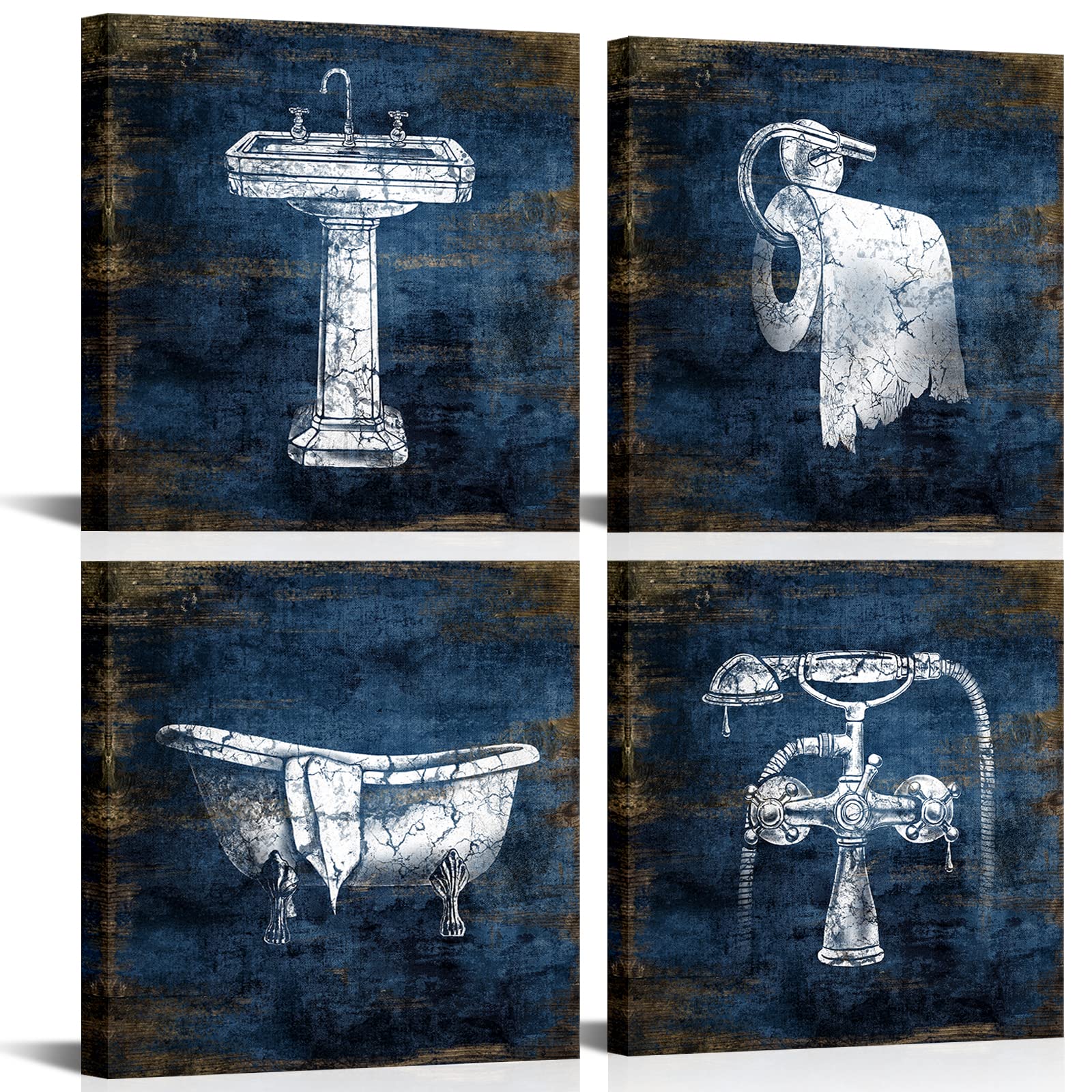 KLVOS Blue Bathroom Decor Wall Art Framed Canvas Print Pictures Frames 4 Pieces Abstract Pictures Modern Navy Framed Wall Decor Artwork for Walls Hang for Bedroom Wall Decoration 12x12Inchx4 pcs