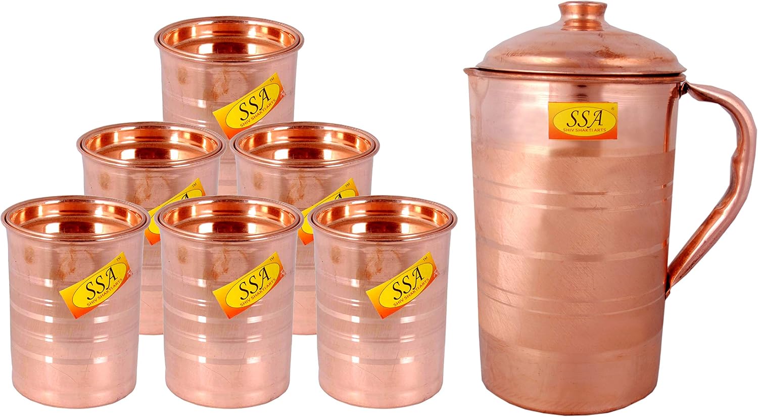 Shiv Shakti Arts® Pure Copper Jug/Pitcher with 6 Glasses - Drinkware Set - Silver Touch Design - (Capacity = 1.8 - Liter) - 7 Pieces Set