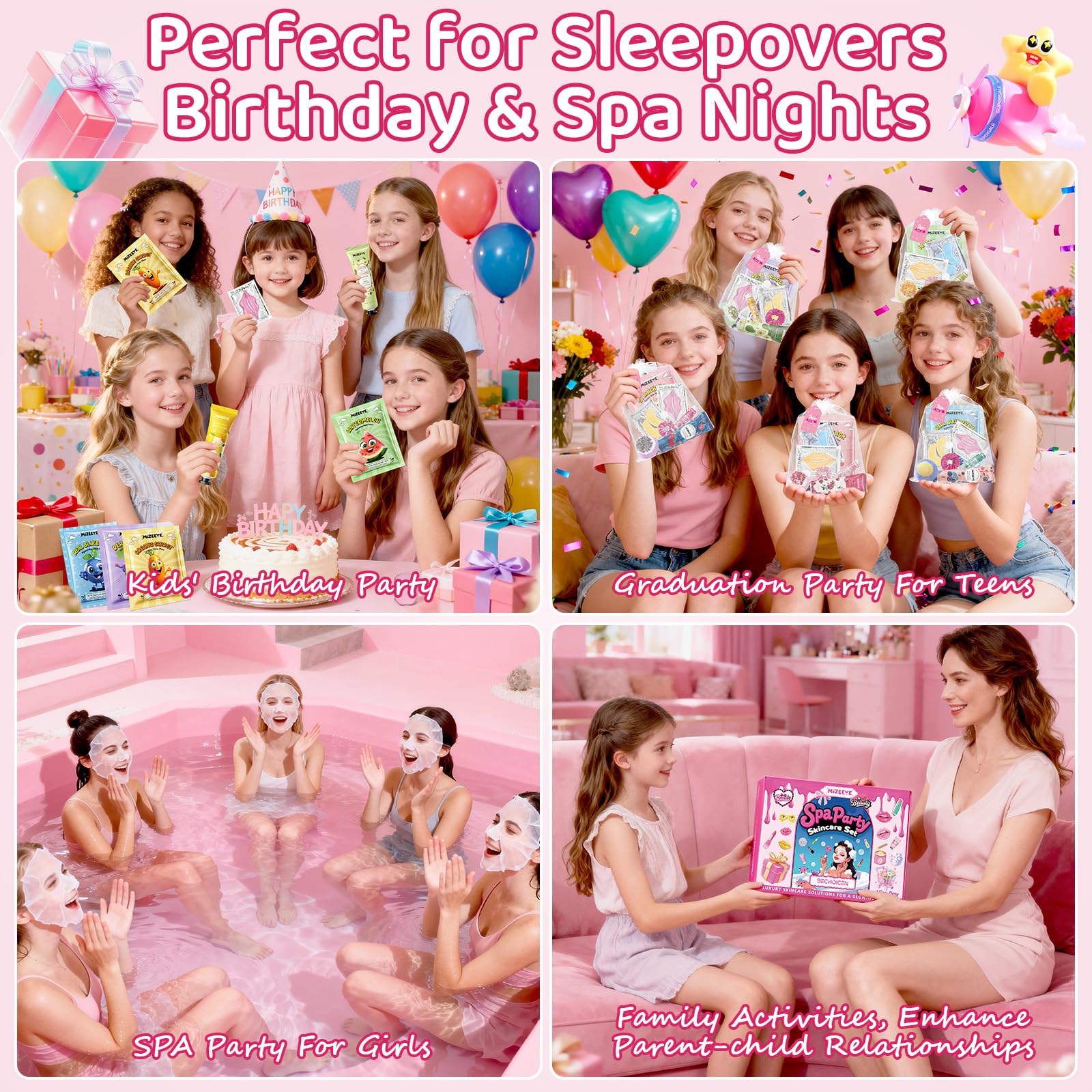 121 articoli per feste per pigiama party per ragazze, kit per pigiama party delicato per tutti i tipi di pelle, include maschera per viso, labbra e occhi, bombe per pediluvio, crema per le mani