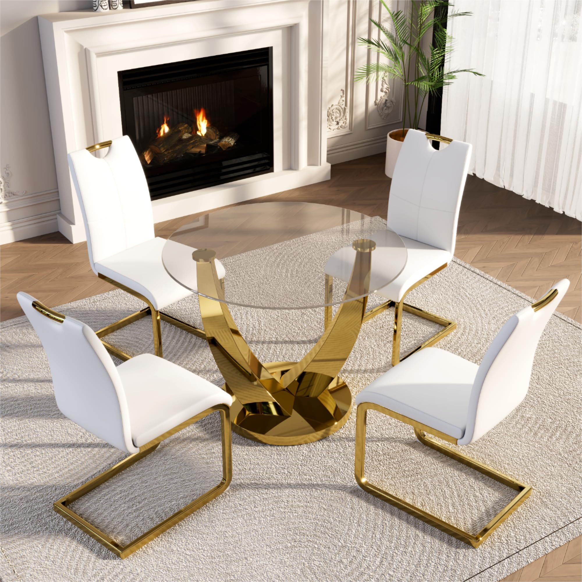 38.9 Inch Round Glass Dining Table Set for 4, Round Glass Kitchen Table and 4 Upholstered PU Leather Accent Chairs, 5 Piece Modern Dining Room Set, for Home, Living Room, Kitchen - White Chairs