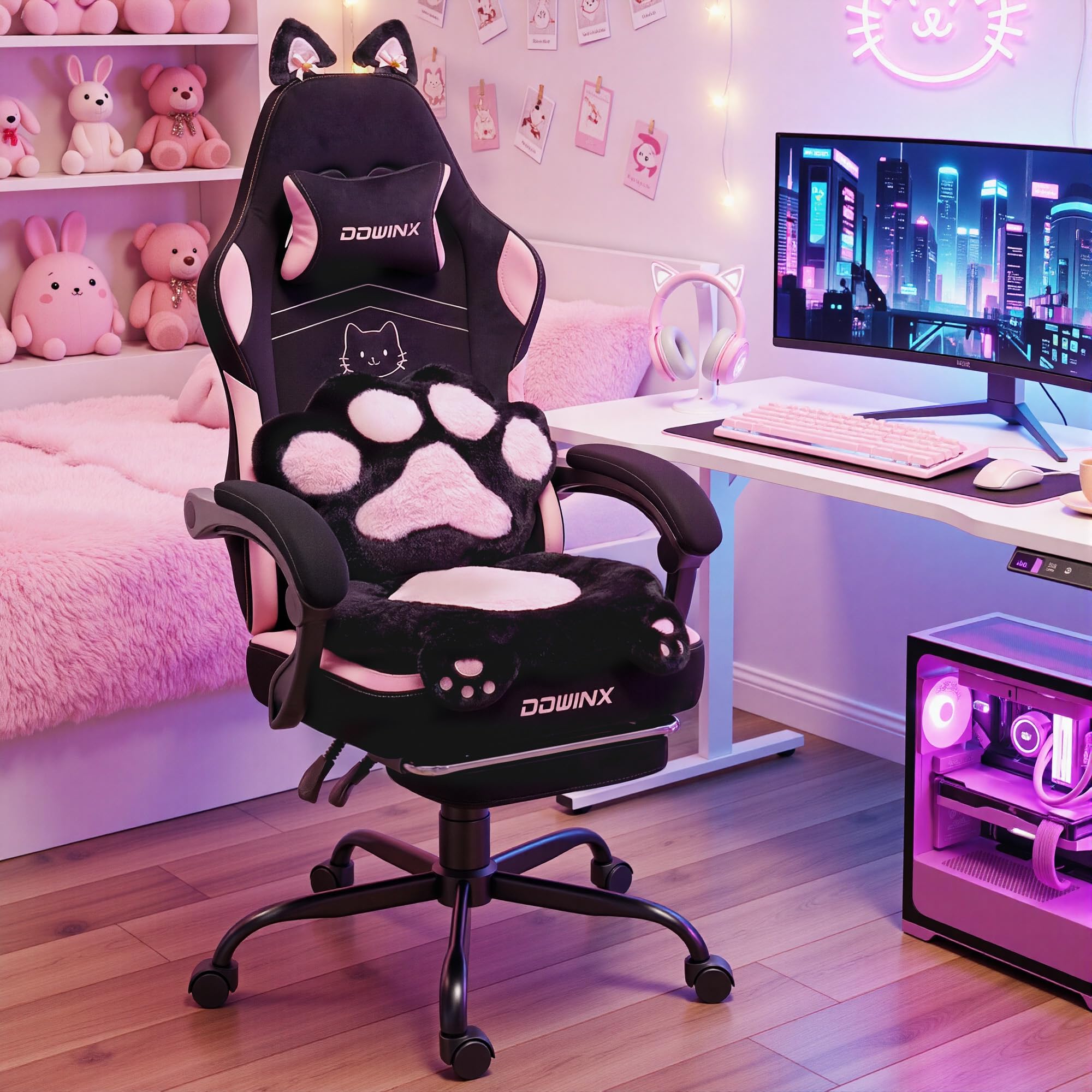 Dowinx Silla Gaming Ergonómica con Reposapiés, Silla Gamer de Terciopelo con Cojín Lumbar y Orejas de Gato, Silla de Oficina para PC y Escritorio, para Mujeres, Adultos y Adolescentes,Negro y Rosa