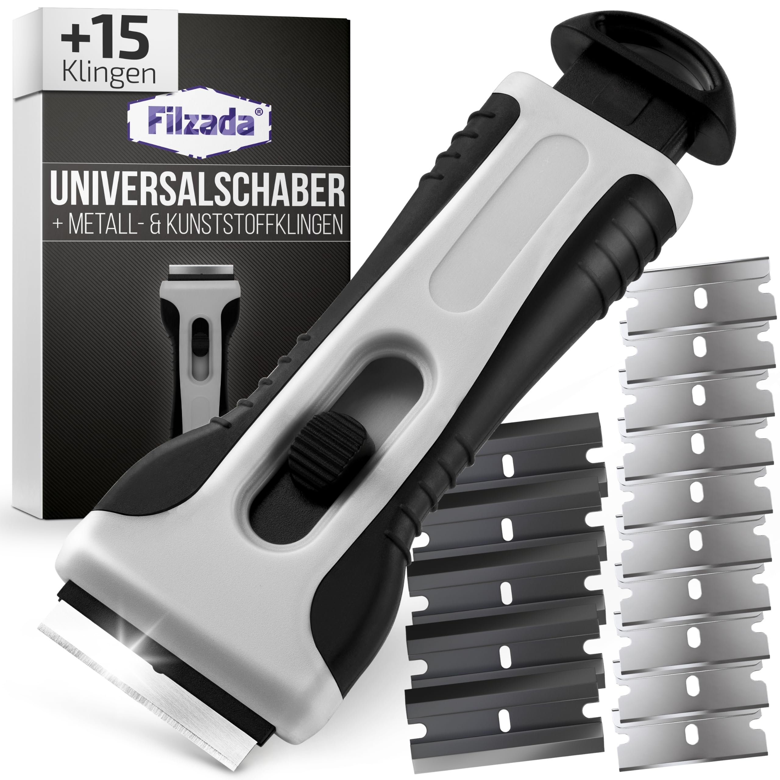 Filzada® Küchenschaber Grau + 15 Schaber Klingen - Glasschaber Kochfeld Set | Glaskeramik Schaber, Herd Kratzer, Backofen - Klingenschaber Scraper Premium - 10x Metall- & 5x Kunststoffklingen