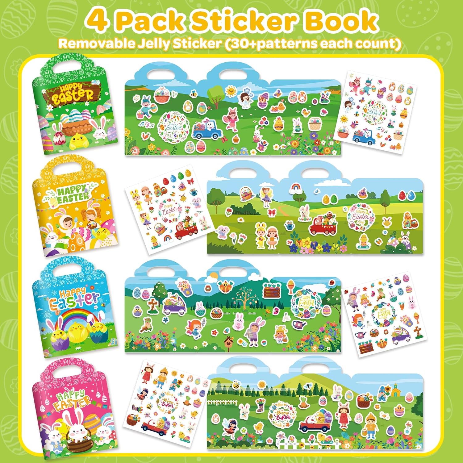 4 Pack Easter Reusable Sticker Book for Toddlers 1-3, Easter Stickers Bulk for Kids 3-5, Easter Crafts Basket Stuffer Activity Book, Baby Easter Toys Gifts Basket Stuffers Essentials for Boys Girls