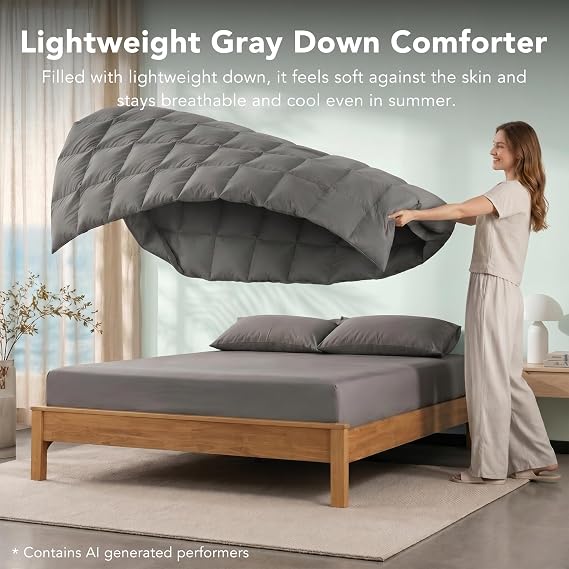 Down Fiber Comforter King Size, Lightweight Summer Duvet Insert Grey