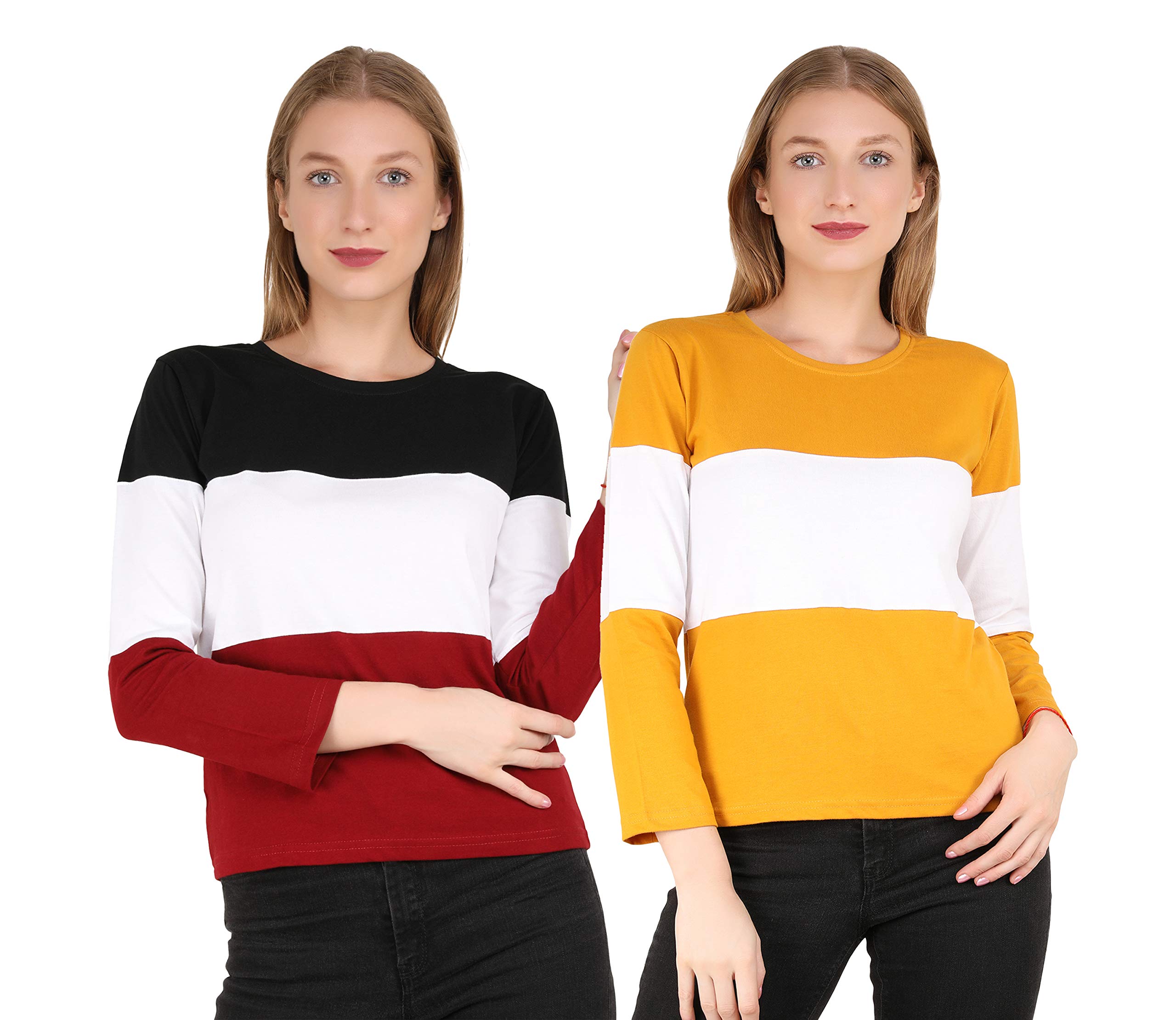 Women's Full Sleeves T-Shirts Combo Pack of 2 | Regular Fit Color Block 100% Cotton Bio-Washed Casual Tops Combo
