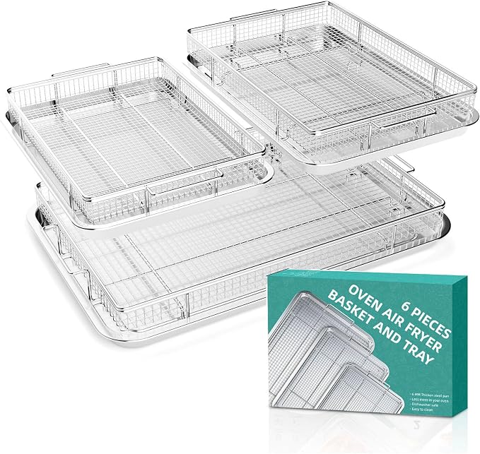 Air Fry Basket for Oven, OPENICE 3 Set Oven Air Fryer Basket and Tray for Family Entertaining, Crisper Tray and Pan for Oven with Air Fry Option, 18.7"×12.6" & 15.4"×11.0" & 13.4"×9.7"