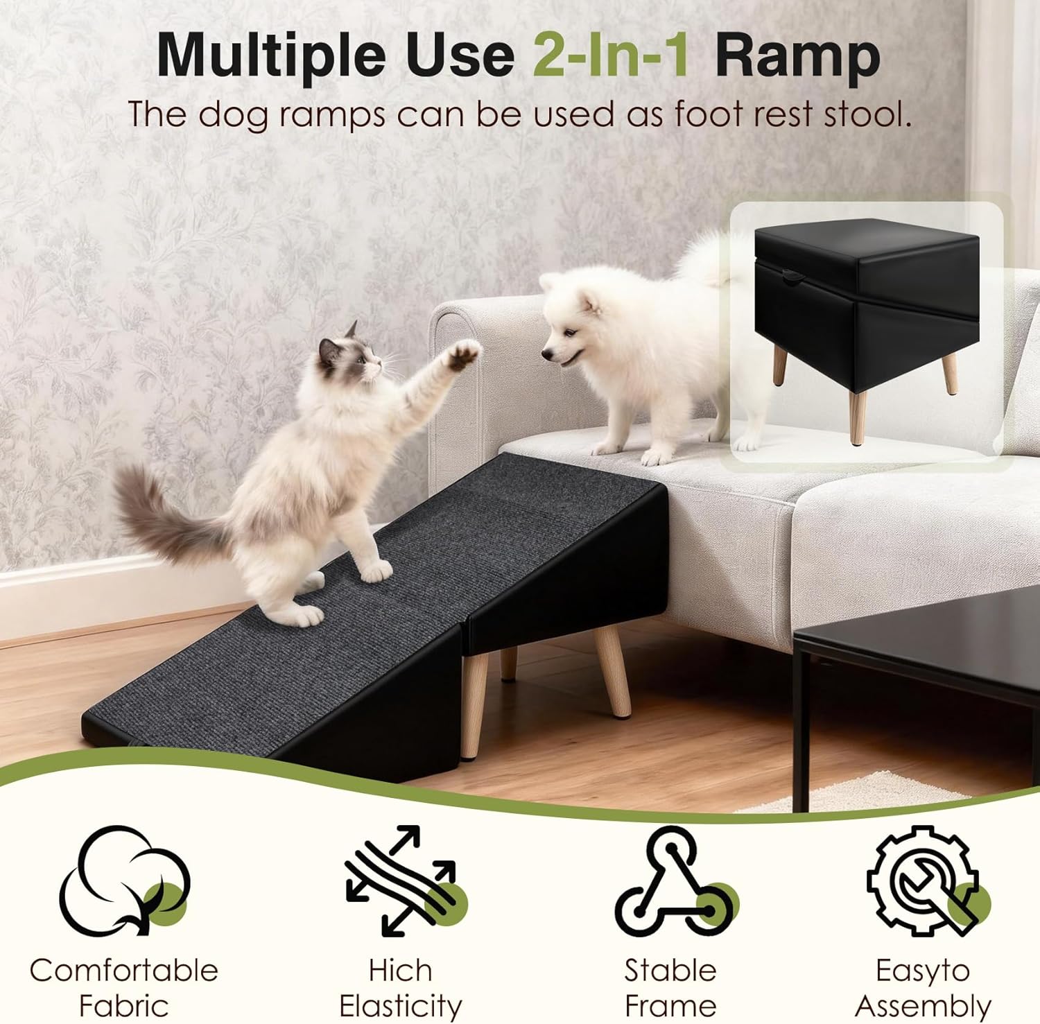 Split Ottoman Dogs Ramp, Dog Ramp for Couch and Bed, Dog Stairs for Small Dogs and Cats, 2-in-1 Foldable Wooden Pet Stairs and Ottoman, Non-Slip Fabric Surface Ramp for Couch and Bed Black XXXL