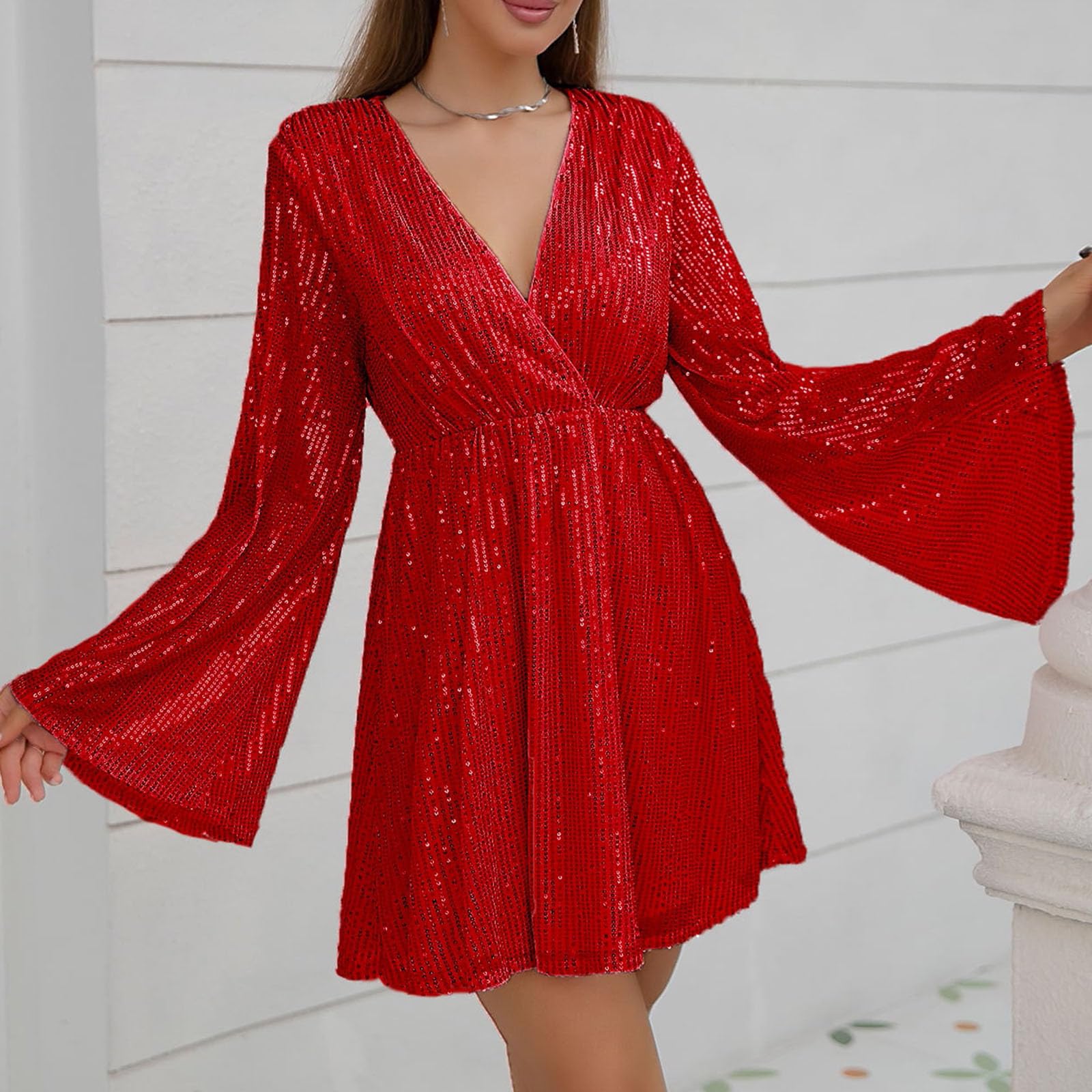 HAOLEI Abito da Donna con Paillettes Mini Vestiti Maniche Lunghe Donna in Pizzo Abito a Vita Alta Abiti in Paillettes Abiti a Maniches-Lunghes Vestito da Cerimonia Donna Formale