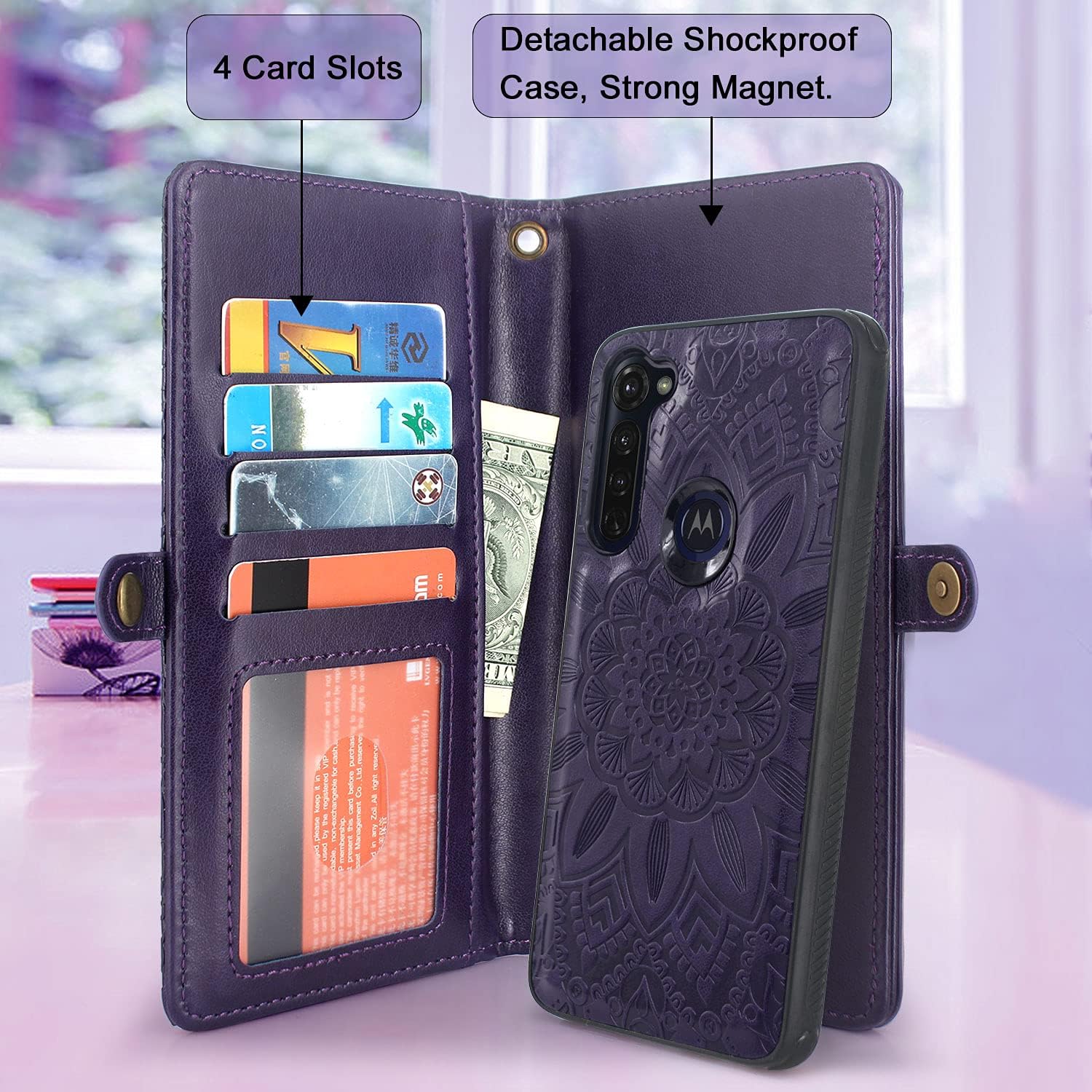 Harryshell Detachable Magnetic 12 Card Slots Wallet Case Shockproof PU Leather Flip Protective Cover Wrist Strap for Motorola Moto G Stylus 2020 / Moto G Pro (Flower Purple)