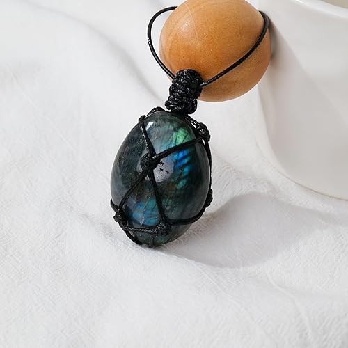 Miniatura 3 de RJINGSHI Collar con colgante de cristal de labradorita natural, piedra de luna curativa con cuerda tejida a mano para unisex