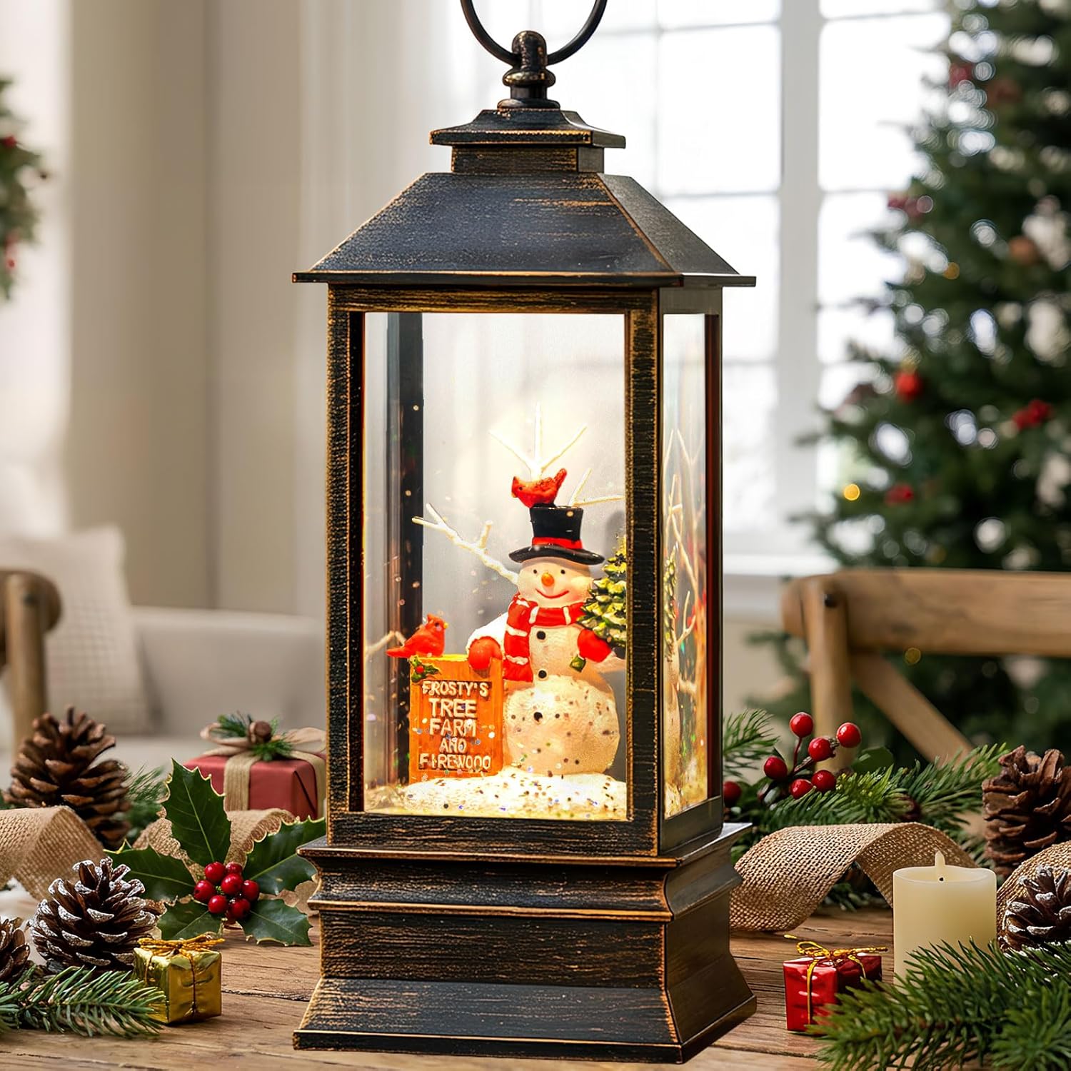 Christmas Snow Globe Lantern Musical Snowman Christmas Tree Lighted Snow Globe with Timer USB/Battery Lined Operated Swirling Glitter Water Lantern Merry Christmas Scene Holiday Home Decor Gifts