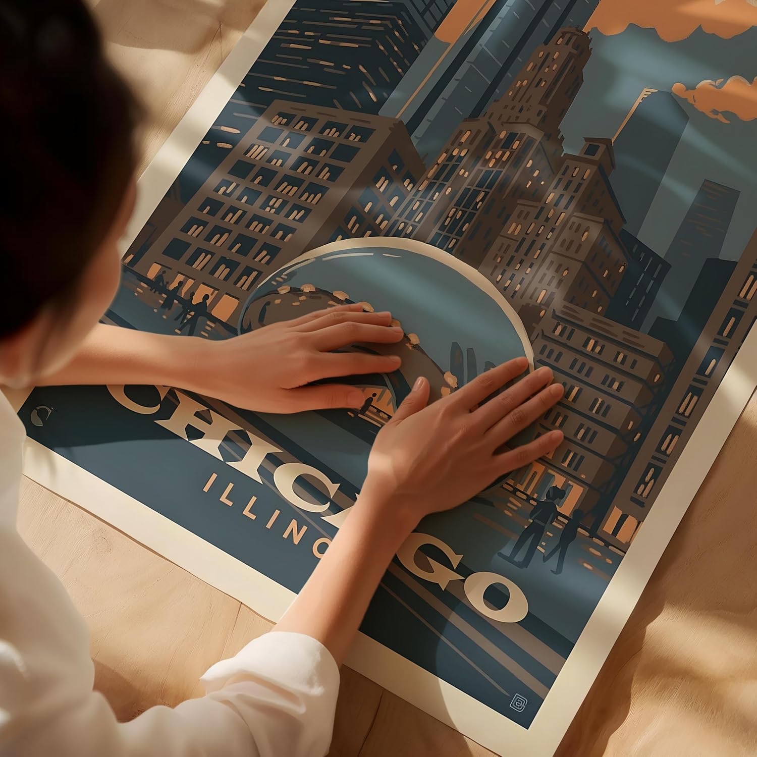 Chicago Vintage Travel Poster, Premium Giclee Fine Art Prints - Modern Aesthetic Wall Art Decoration, Eclectic Trendy Boho Poster Collage Aesthetic Print for Home Decor, Ready to Frame