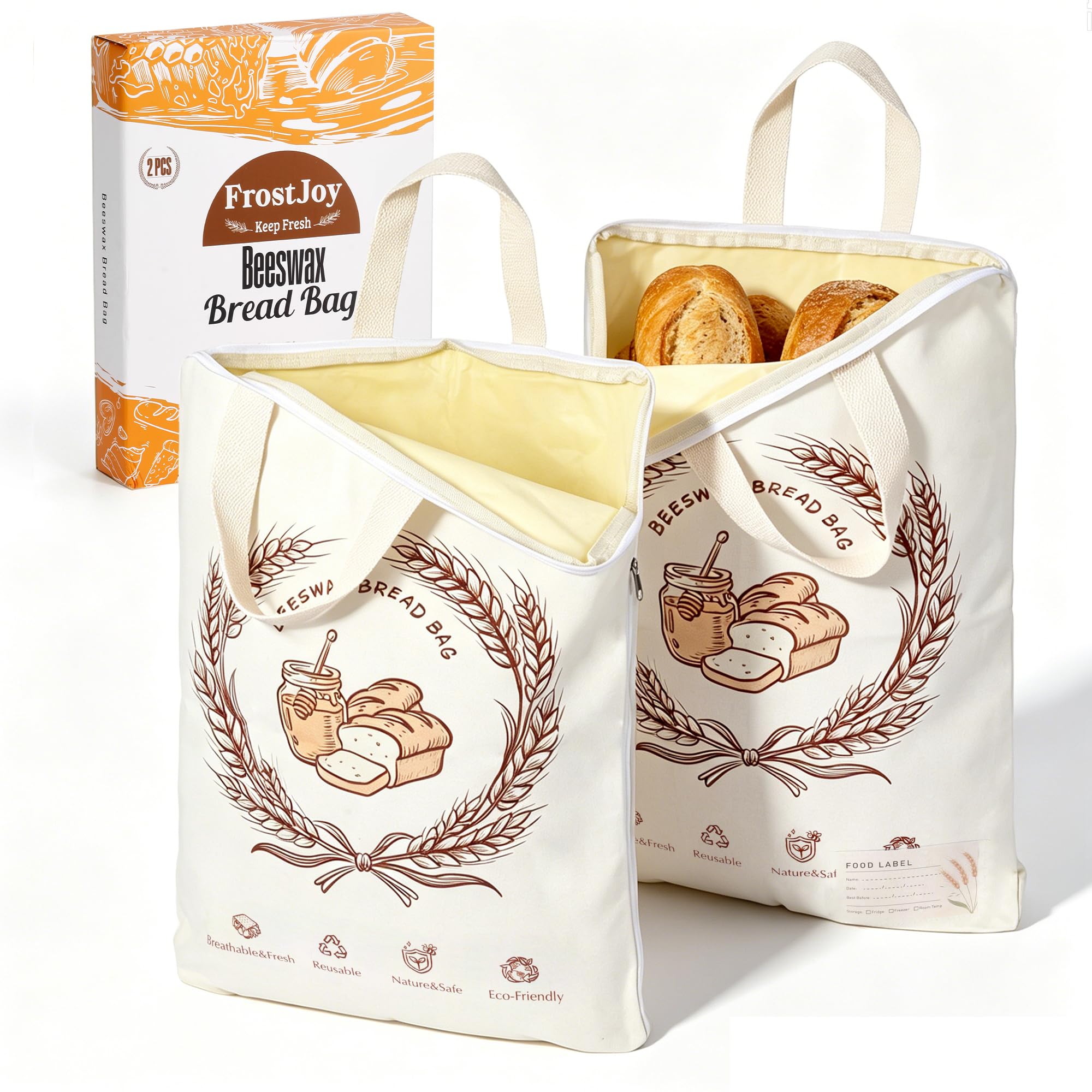 2 Pack Reusable Beeswax Bread Bags for Sourdough, 17x13 - Wheat Wreath