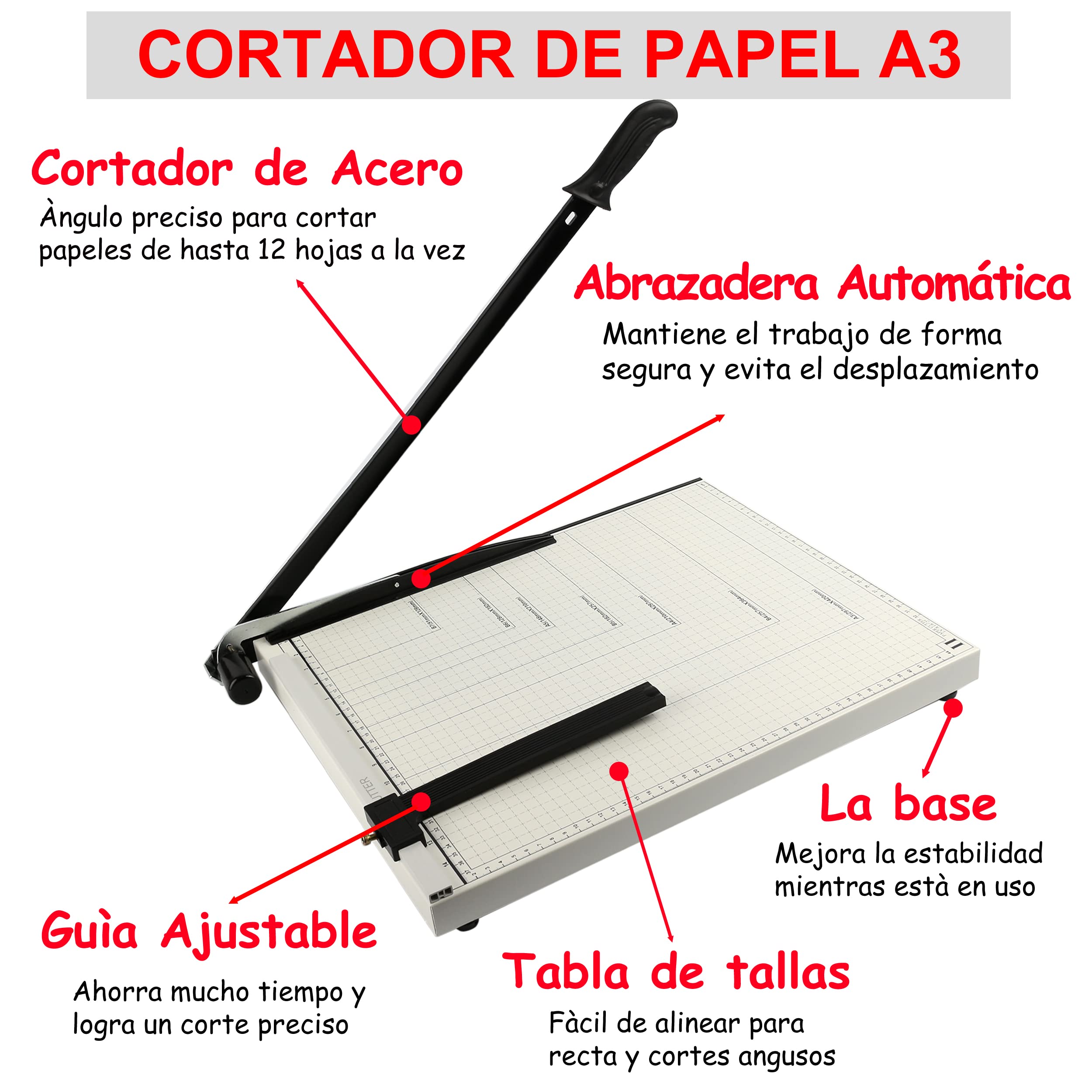Guillotina de Papel A3 Base de Metal Cortador de Papel 12 hojas de Capacidad Profesional para Papelería Fotográfica Oficina