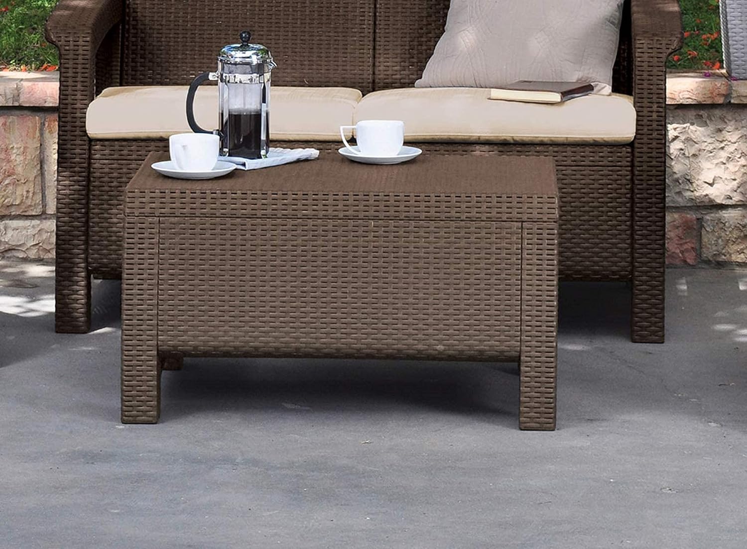 Keter Corfu Coffee Table Modern All Weather Outdoor Patio Garden Backyard Furniture, Brown
