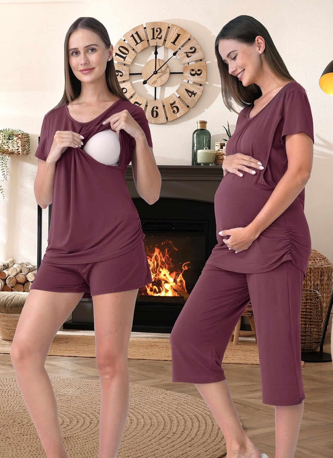 3 Piece Nursing Pajamas Set for Women Breastfeeding Shirts Pjs Postpartum Shorts&Capri Pants Pockets - Image 2