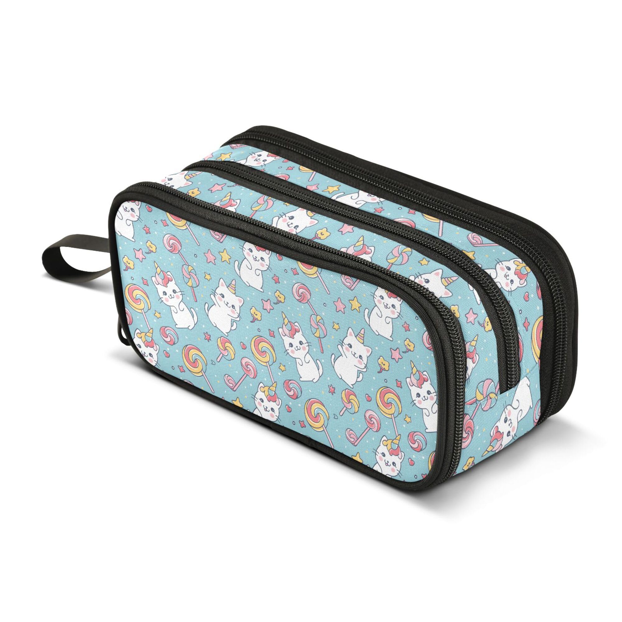 Large Pencil Case, Big Capacity Pencil Bag Pen Pouch Holder 3 Compartments, Cats Rainbow Lollipop School Office Supplies Stationery Makeup Bag Storage Organizer for Students Girls Boys Women Men