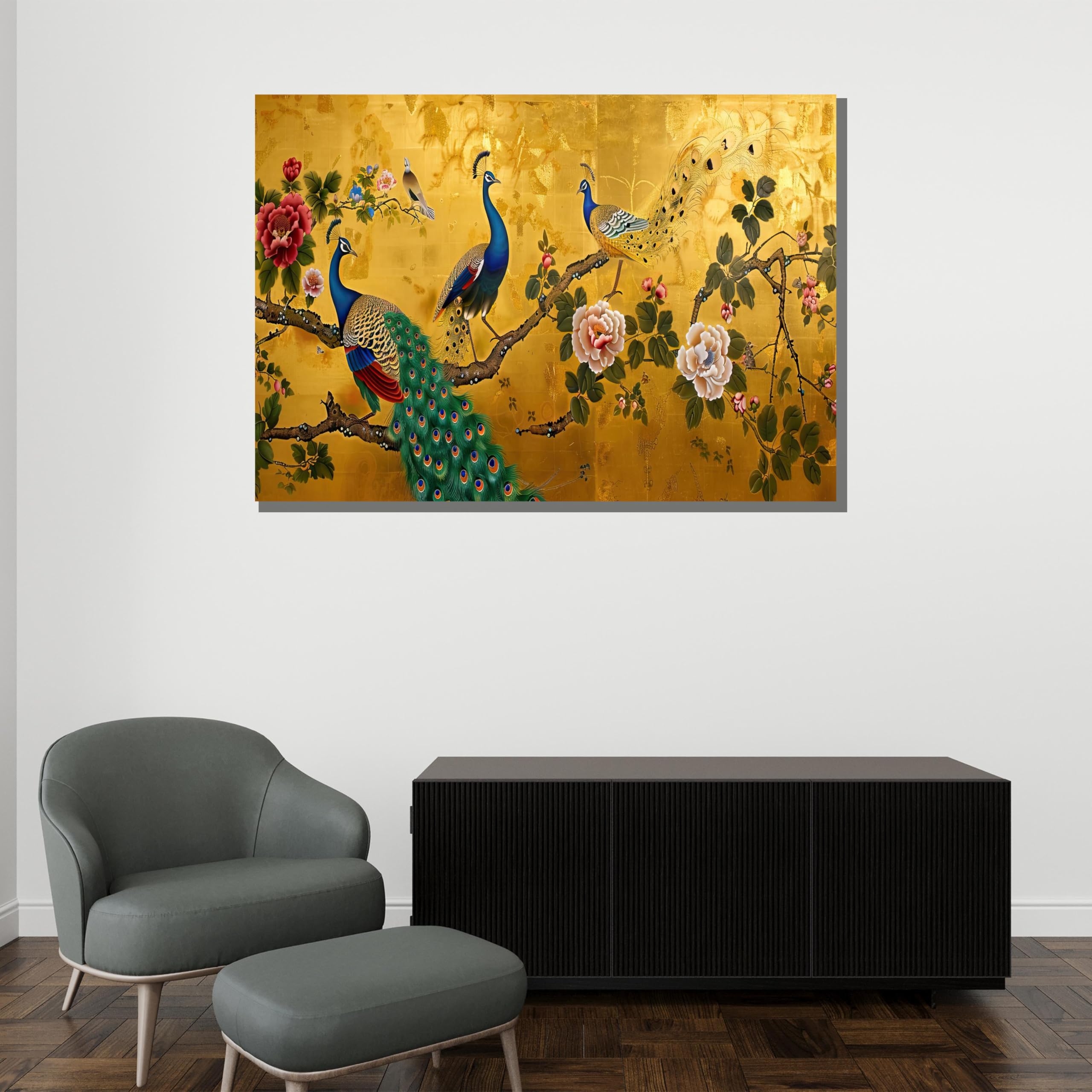 LMYCHENG Vintage luksusowy paw plakat złoty obraz kwiatowy na płótnie | Stylowa dekoracja ścienna do domu (20x30 cm/rama wewnętrzna)