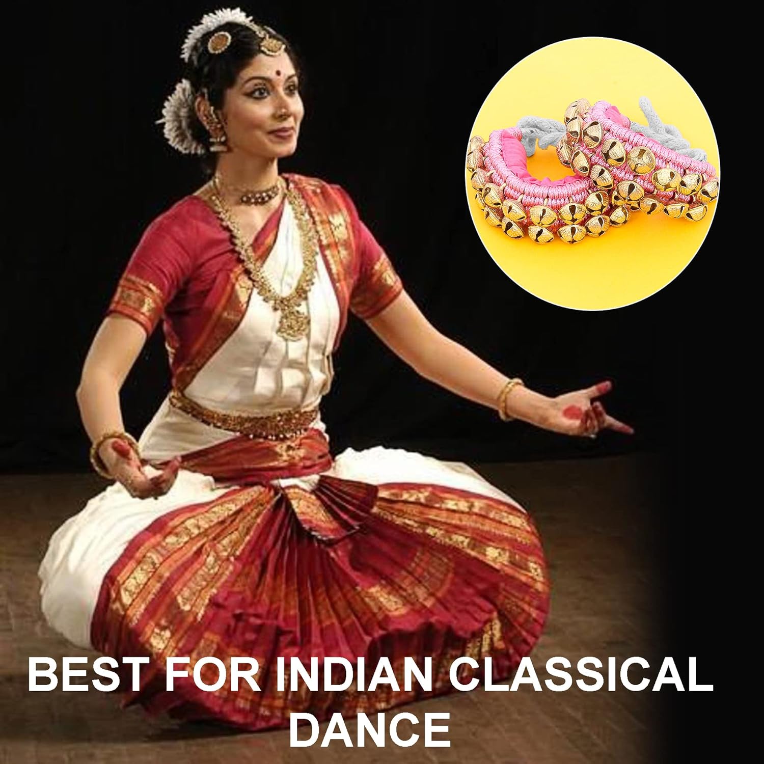 Dancing Bells Anklet Ghungroo with Colored Cushion Pad 2 Line with 40 Bells Best for Indian Classical Dance, Indian Style Brass Ankle Bells (Pink)