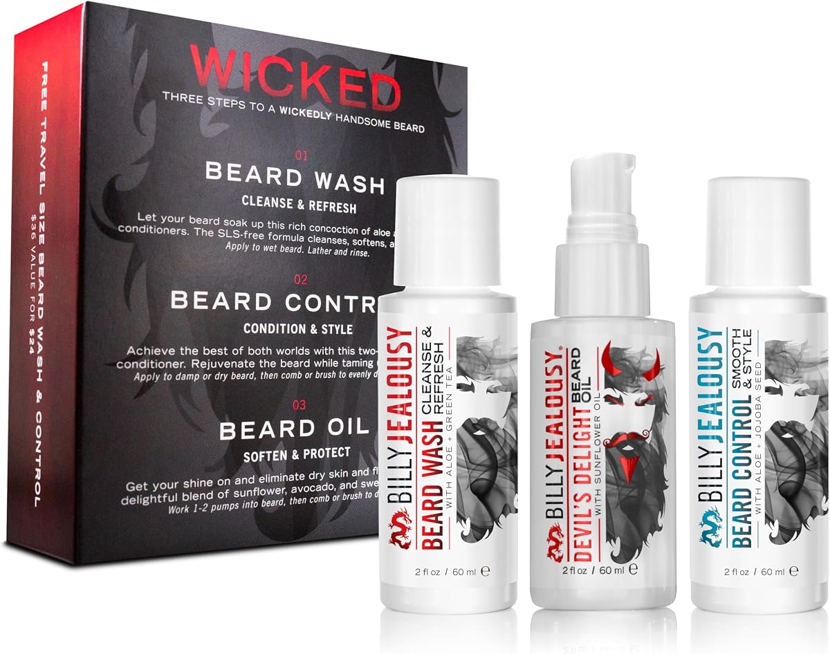 Billy Jealousy Beard Care Kits – Travel-Friendly Gifts for Men – Beard Wash, Leave-In Conditioner and Beard Oil to Cleanse, Nourish, Soften & Strengthen Facial Hair – Helps Soothe and Hydrate Skin
