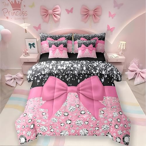 Pink Bowknot Bed in a Bag King Size Comforter Set 7 Pieces,Cute Bow Knot Bedding
