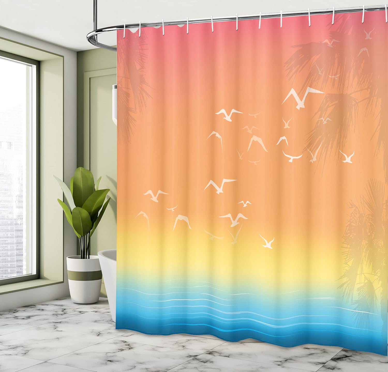 Ambesonne Seagulls Shower Curtain, Tropical Island Sunset Print with Setting Sun Sea Palm Trees and Birds in Flight, Cloth Fabric Bathroom Decor Set with Hooks, 69" W x 75" L, Blush Soft Blue Orange
